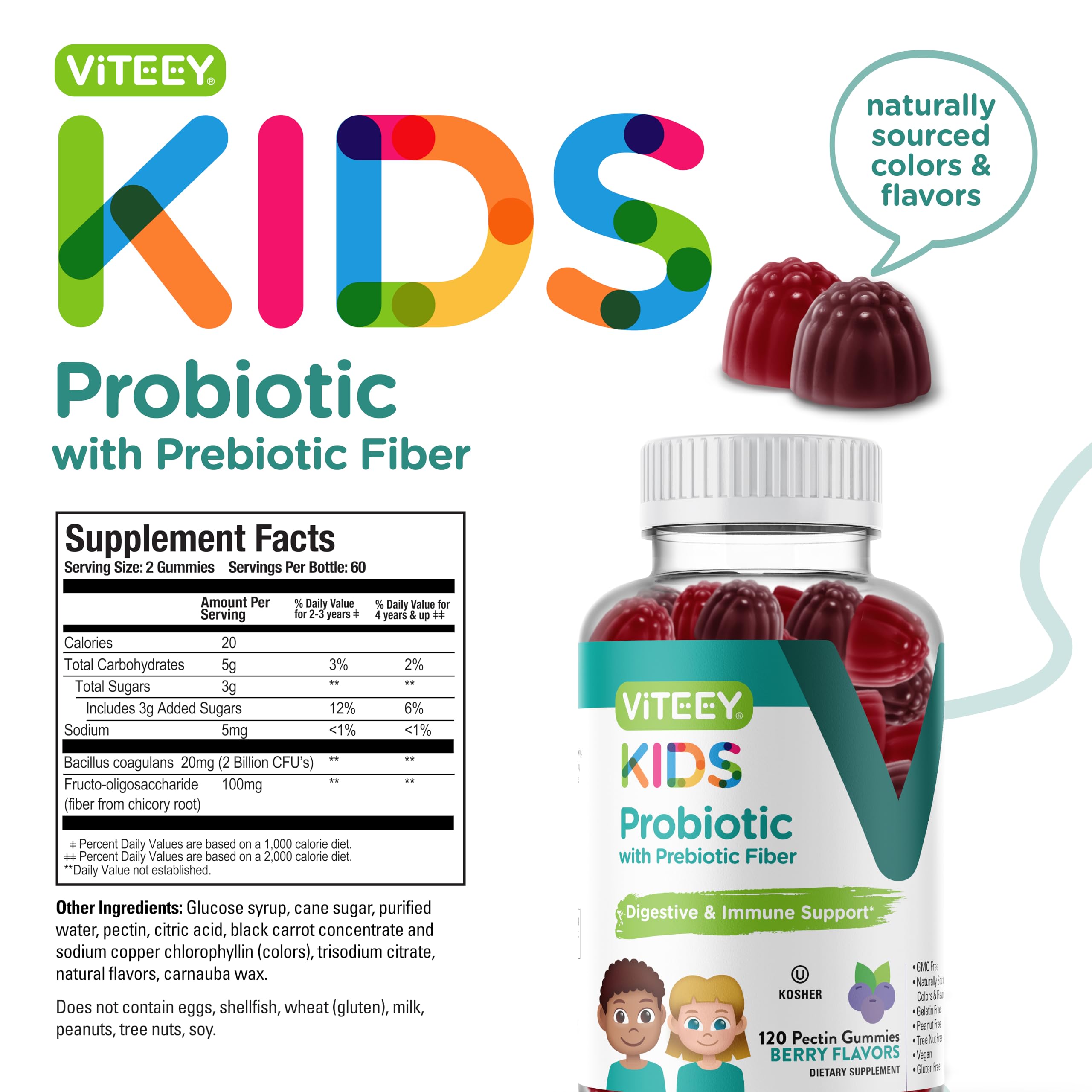 Viteey digestive health gummies for kids, easy on-the-go chew.