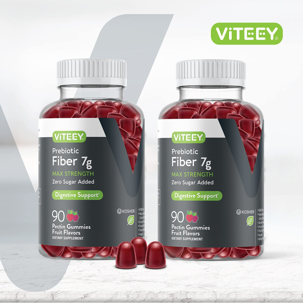 Close-up of VITEEY fruit-flavored gummies for gut health.