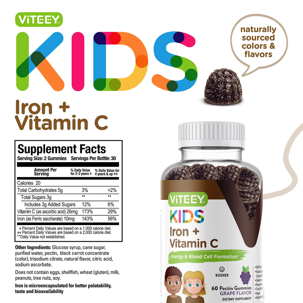 Viteey Iron Gummies Kids nutrition facts close-up for smart choices.