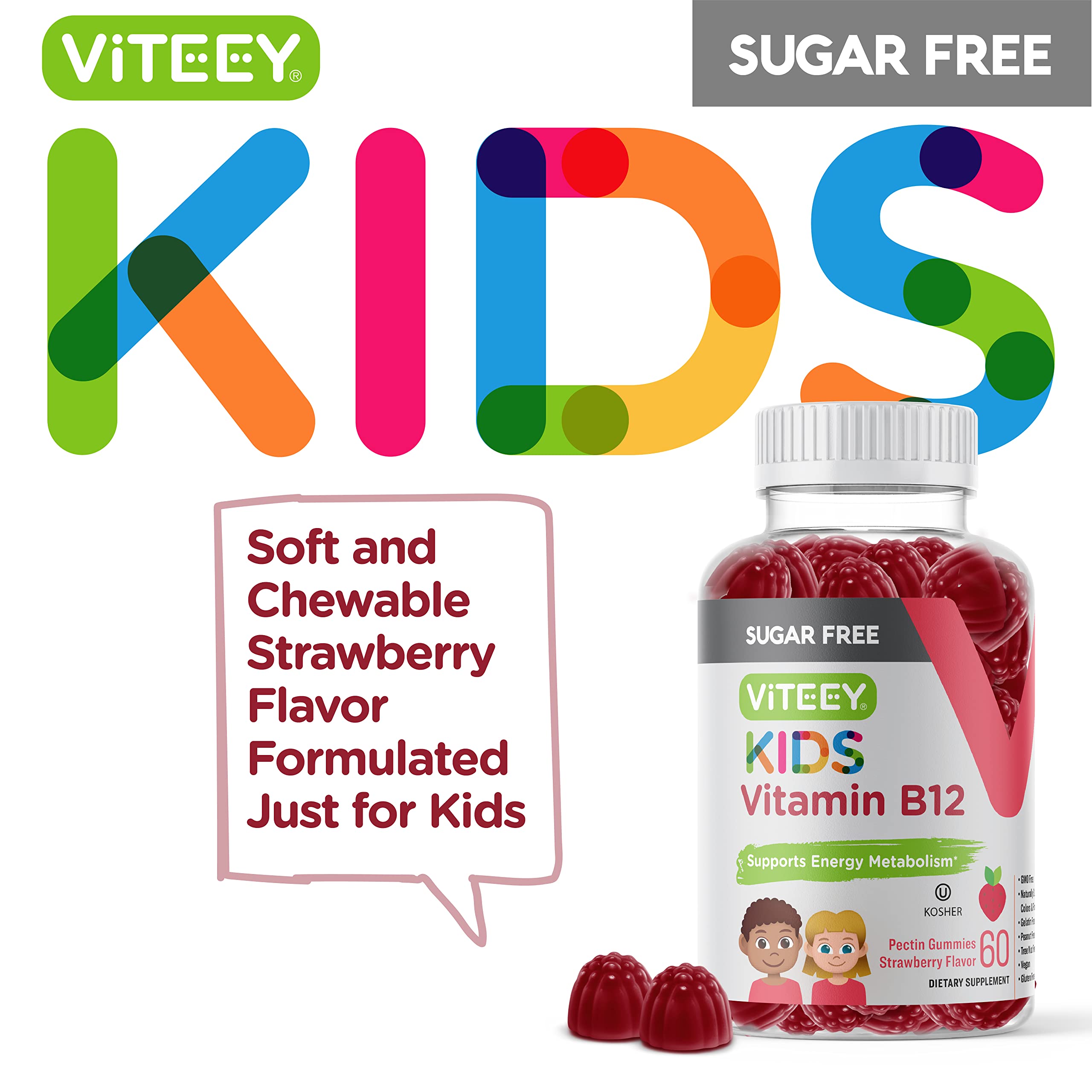 Viteey Kids B12 bottle top, convenient daily supplement for families.