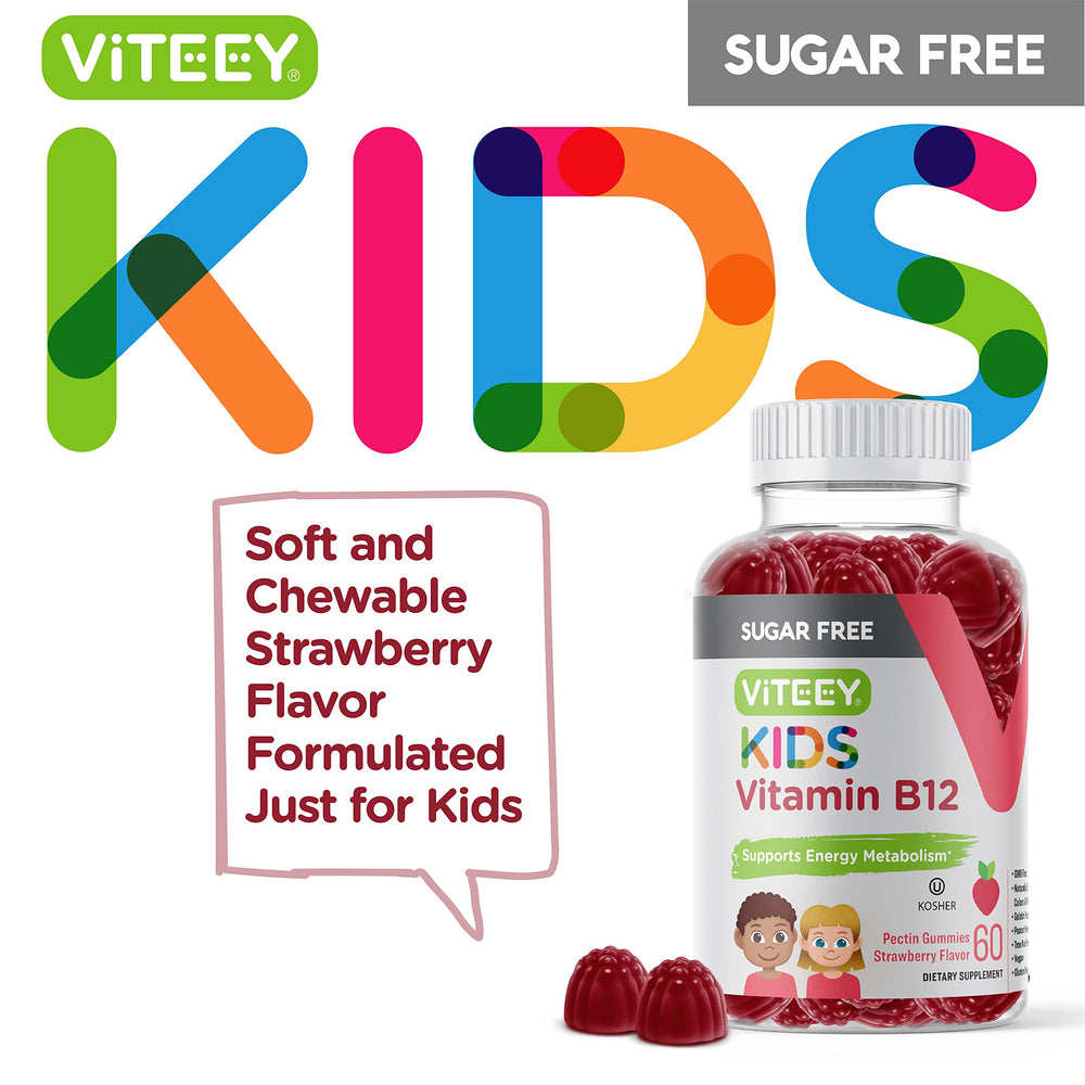 Viteey Kids B12 bottle top, convenient daily supplement for families.
