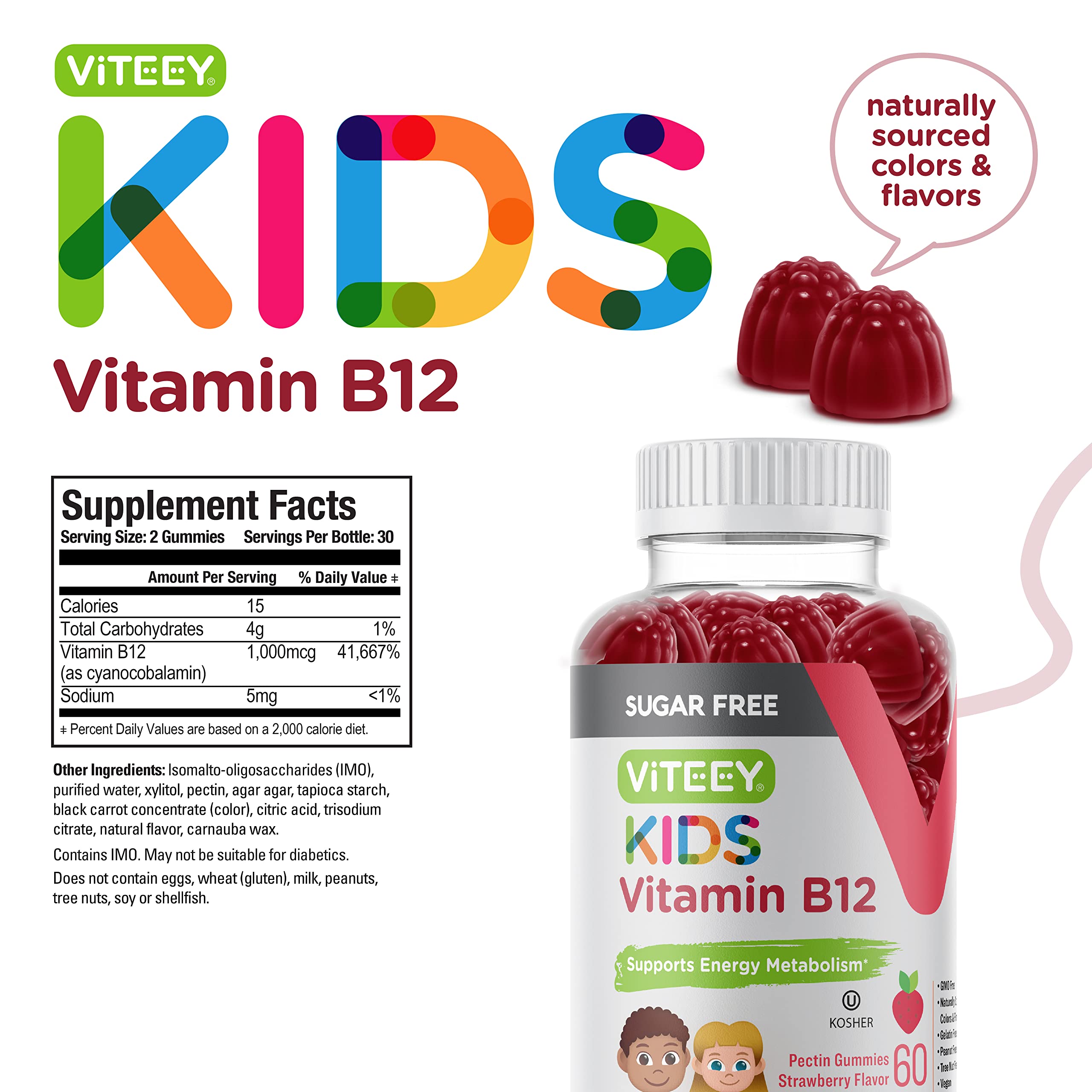 Viteey Kids B12 gummies ingredients, vegan and gelatin-free.