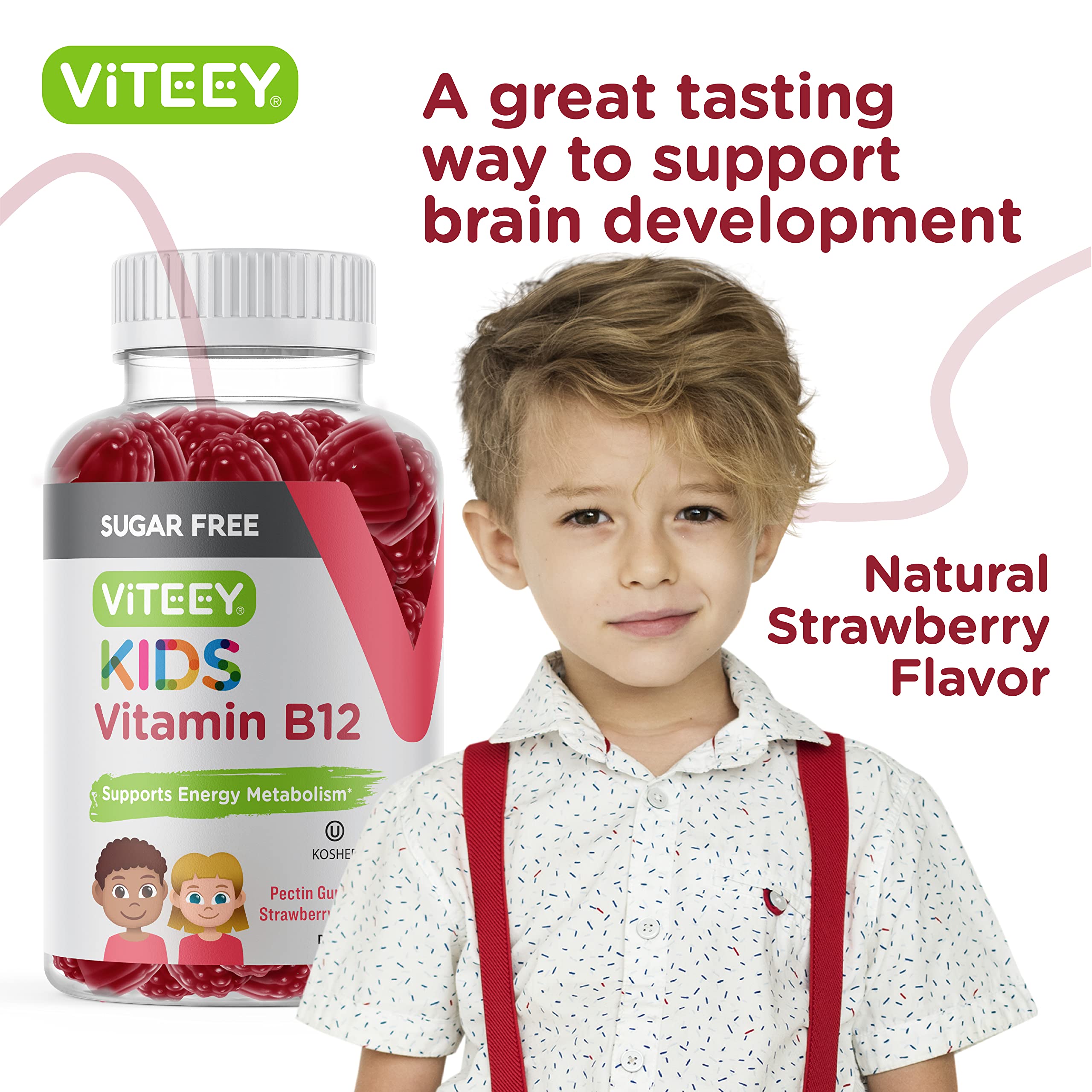 Viteey Kids B12 gummies packaging, kosher and gluten-free.