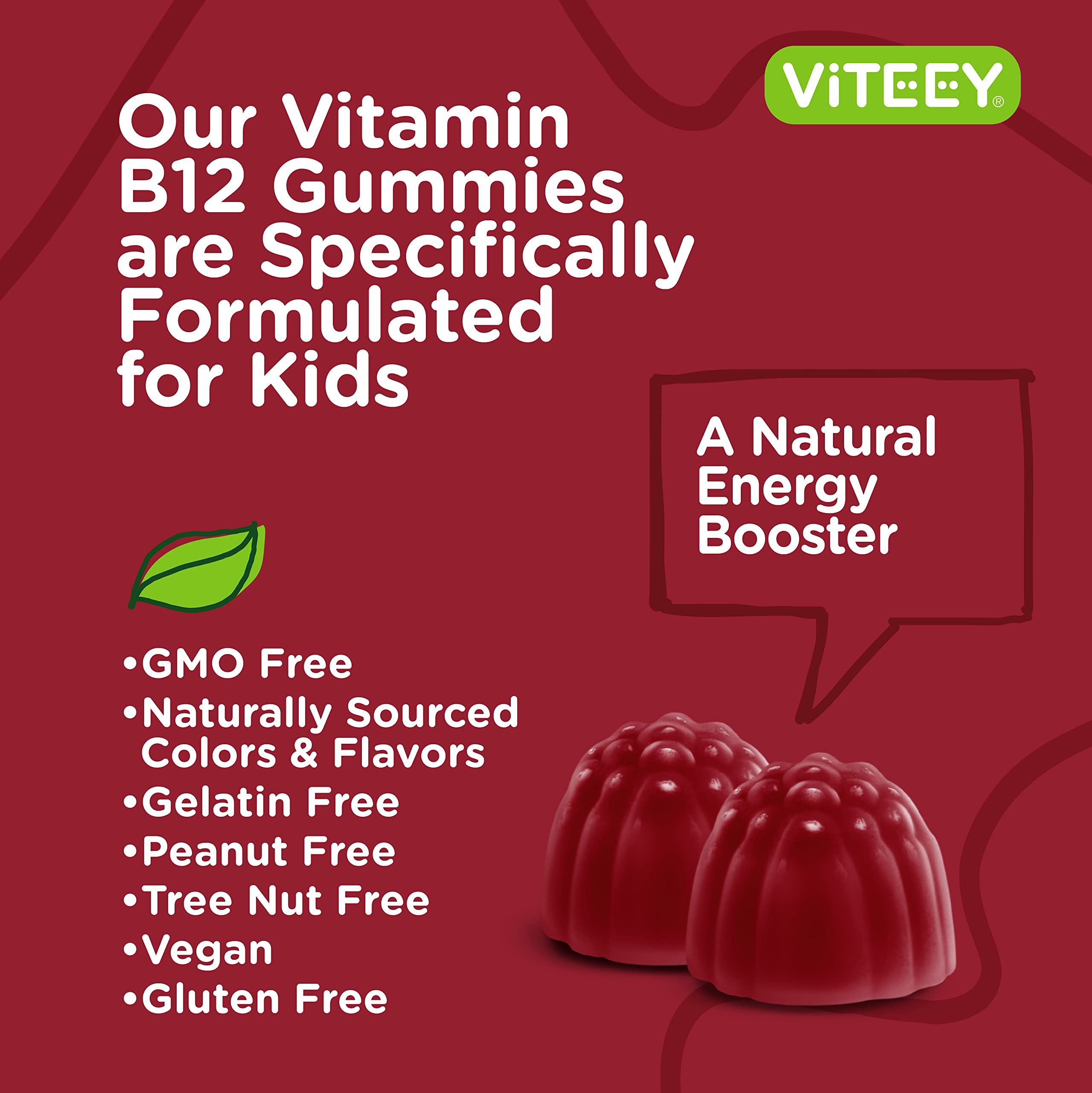Viteey Kids B12 gummies texture closeup, strawberry flavor.