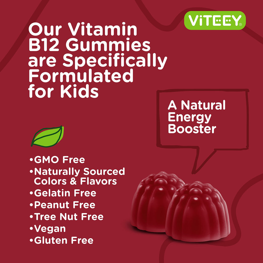 Viteey Kids B12 gummies texture closeup, strawberry flavor.