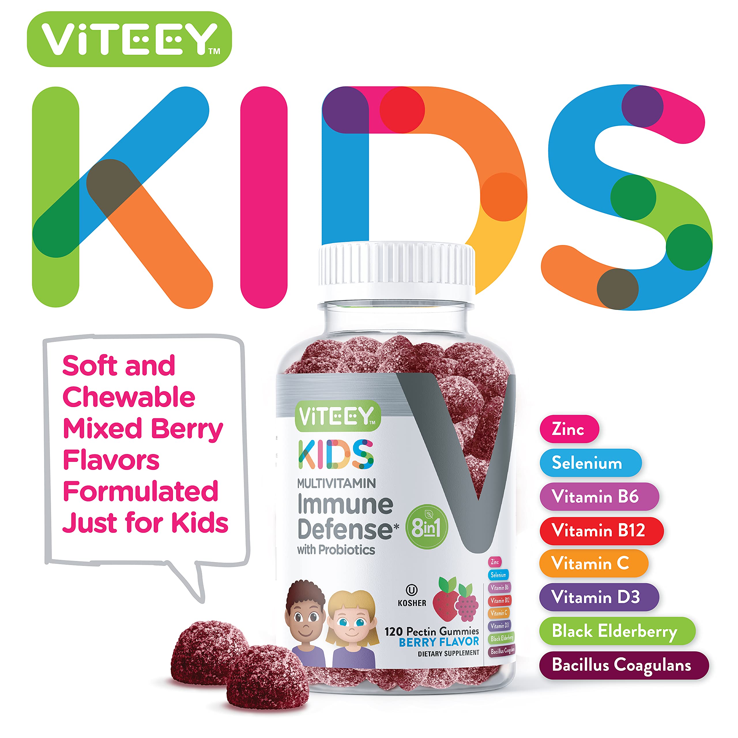 Viteey kids gummies berry serving for easy daily nutrition.