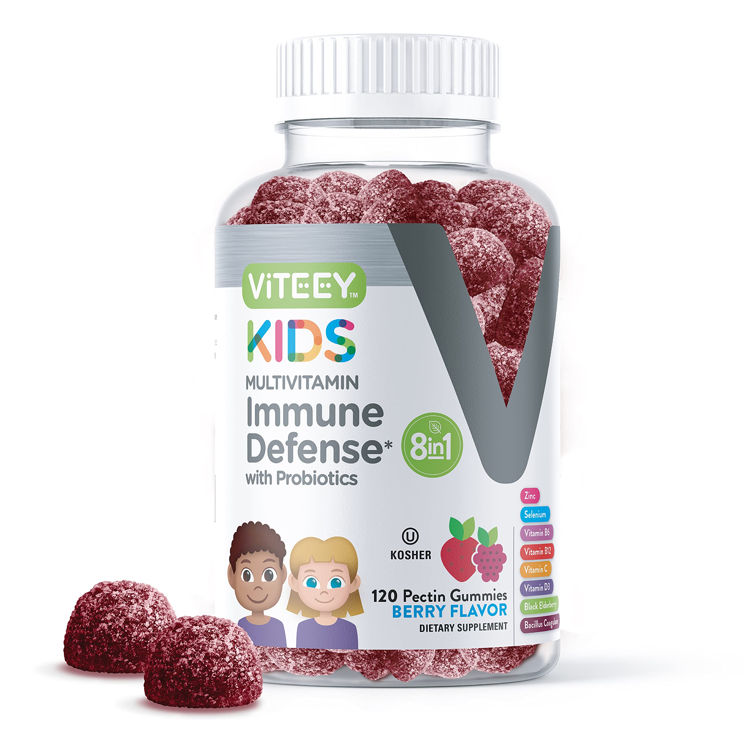 Viteey Kids Multivitamin Gummies berry bottle for daily nutrition.