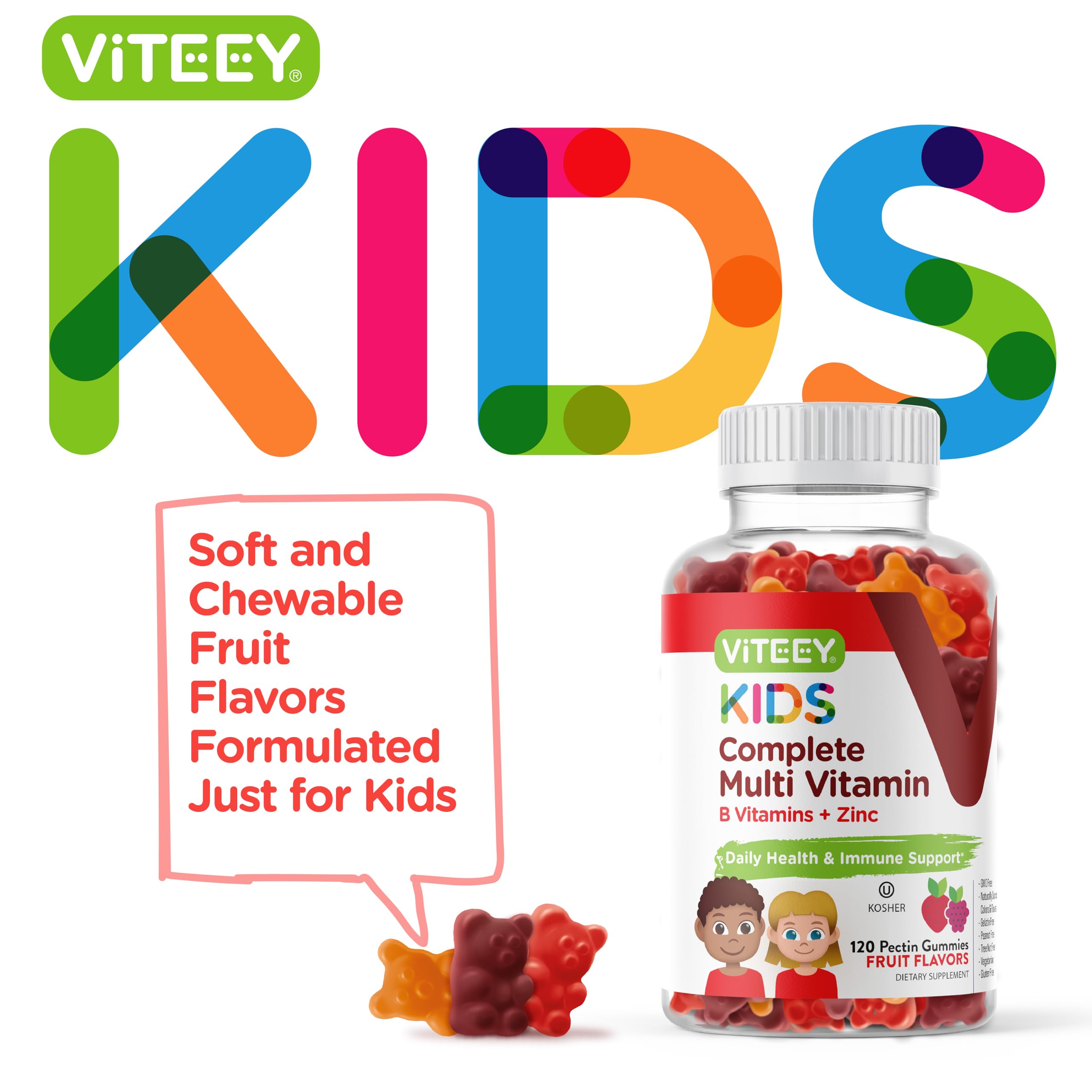 Viteey gummies close-up reveals fruity texture and kid-friendly flavor.