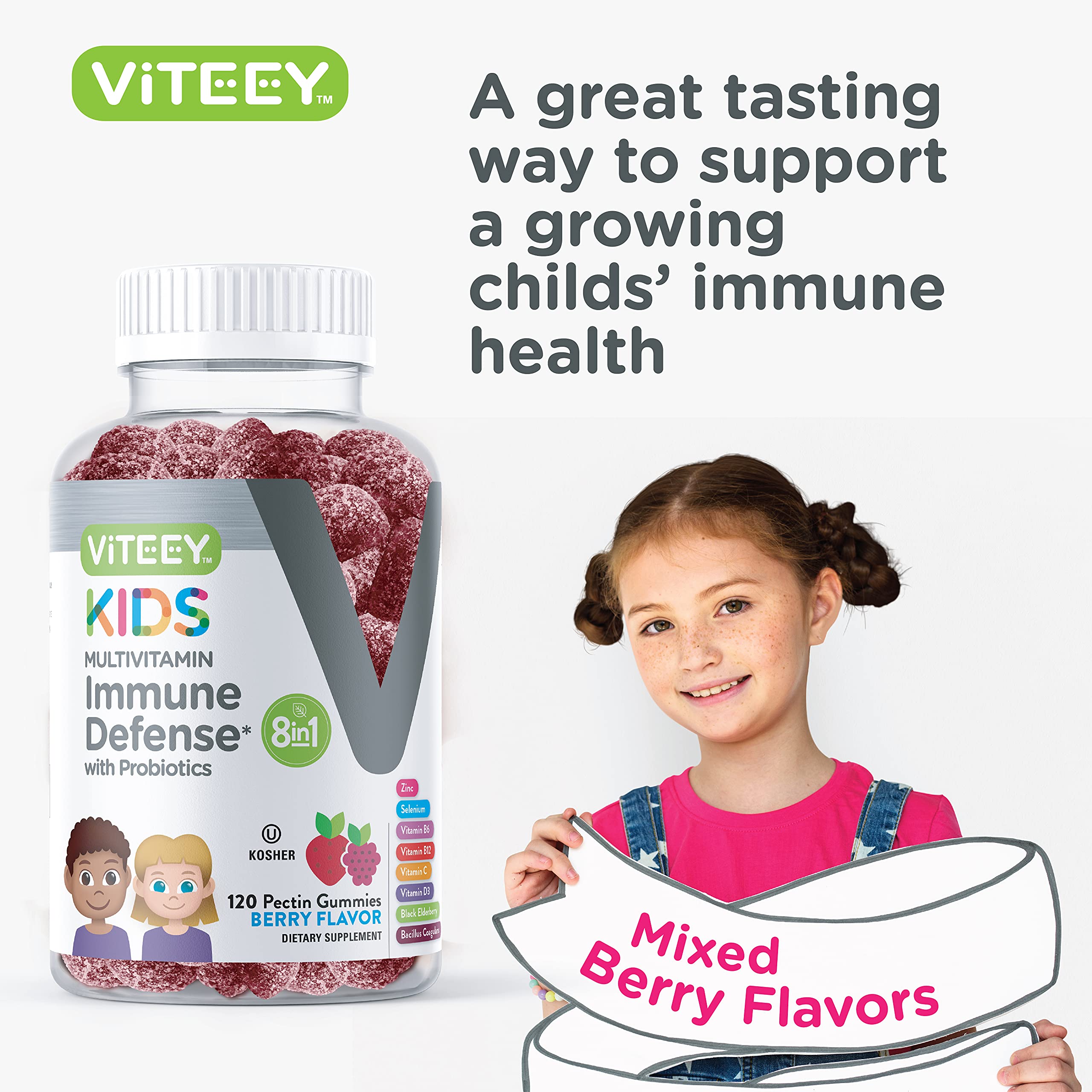 Viteey nutrition label showing eight essential nutrients for daily use.