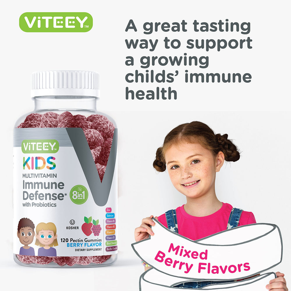 Viteey nutrition label showing eight essential nutrients for daily use.