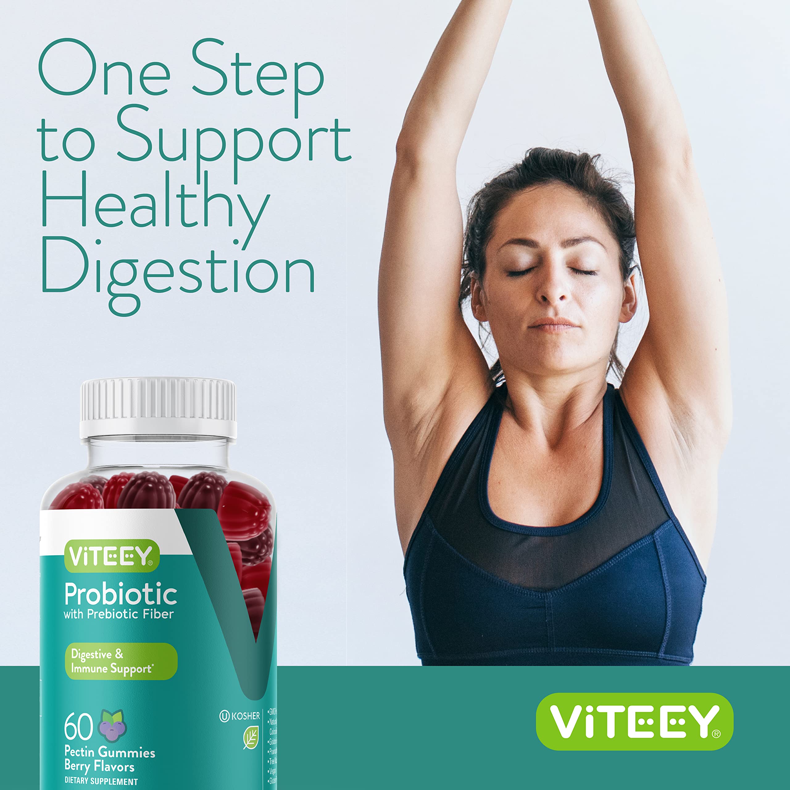 Viteey Probiotic Gummies packaging highlights vegan, non-GMO attributes for clean daily use