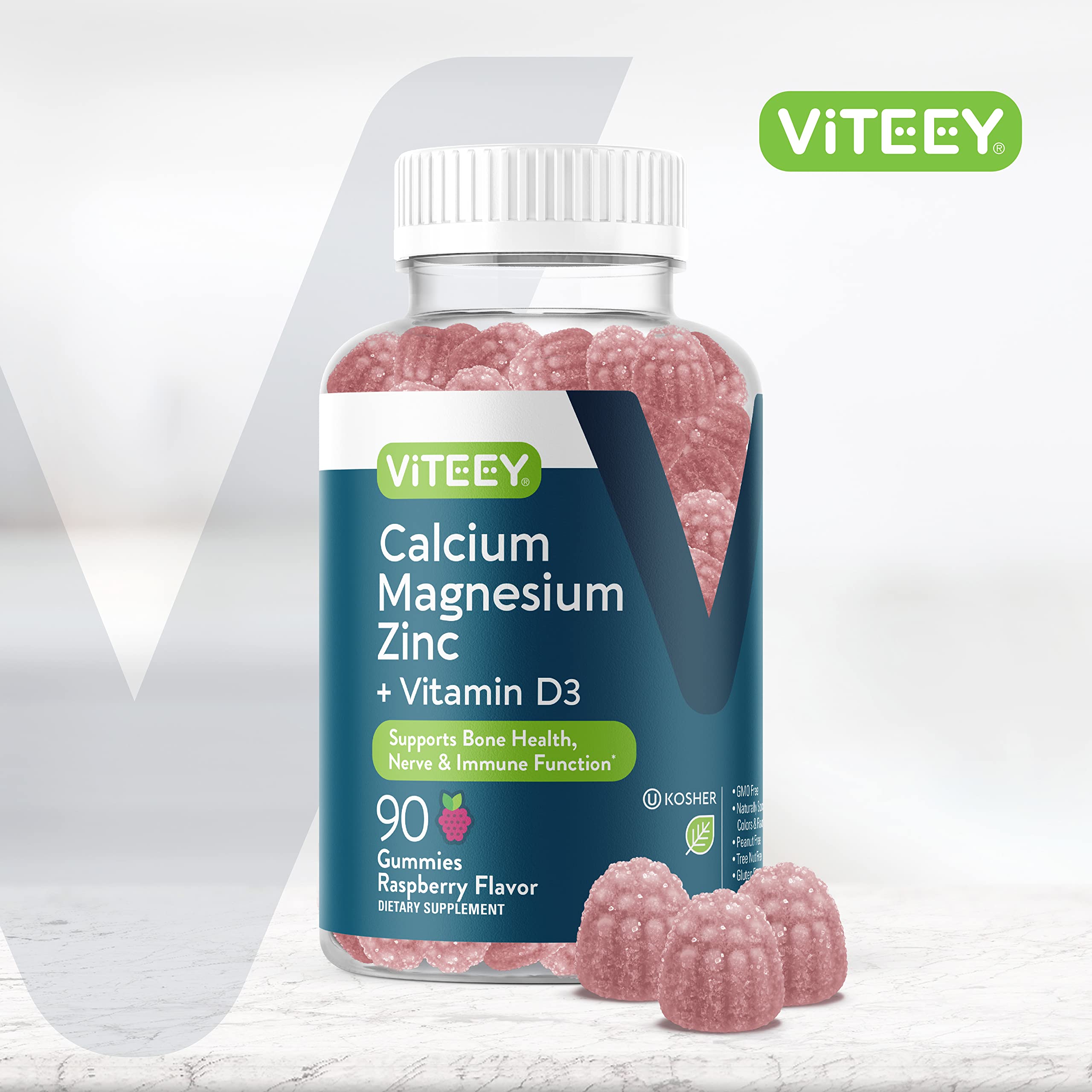 Viteey raspberry flavored gummies closeup highlighting tasty daily nutrition.