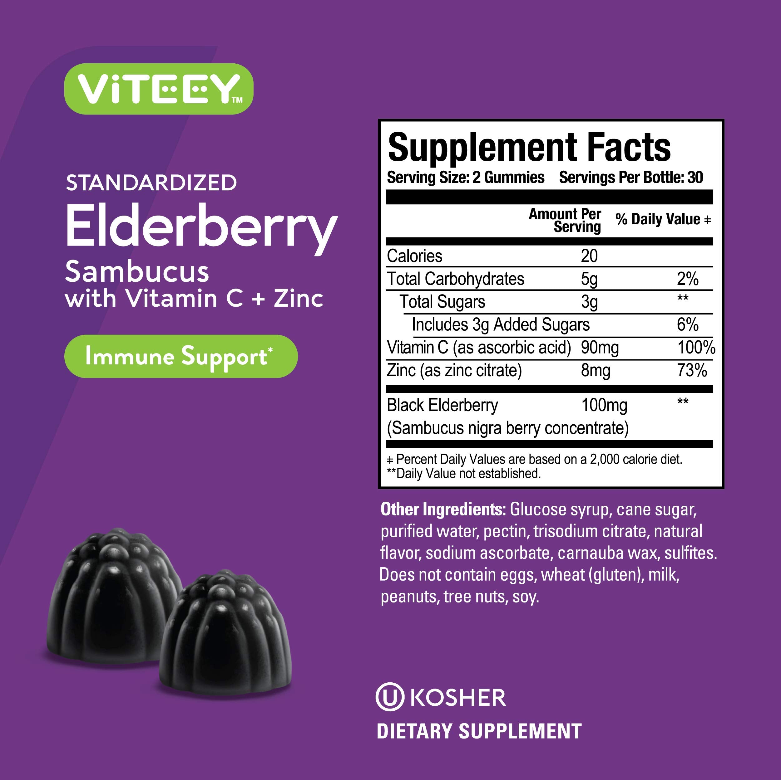 Viteey Sambucus Elderberry Gummies pour from jar showing easy serving.
