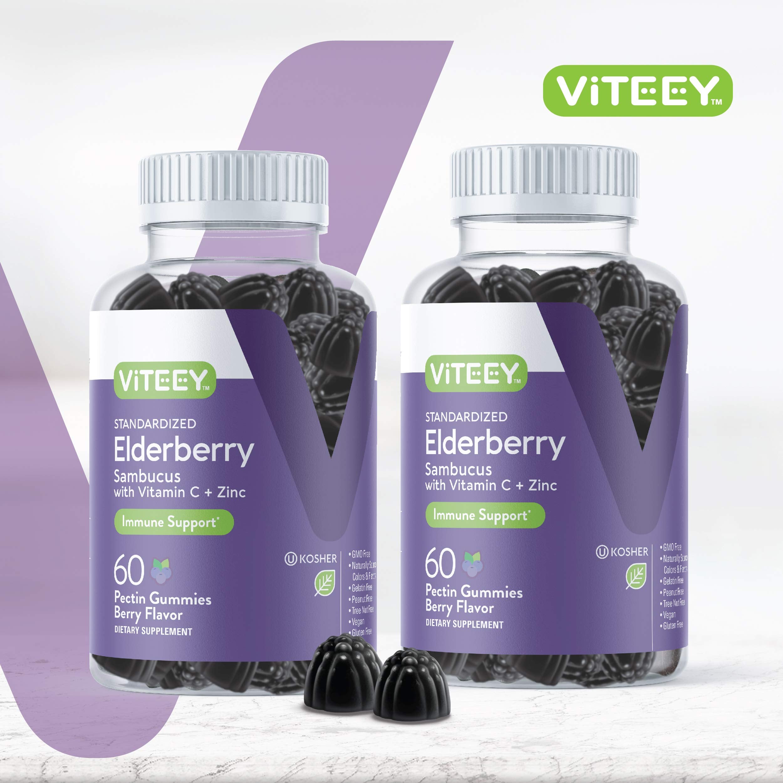 Viteey Sambucus Elderberry Gummies label close-up showing vegan and gluten-free ingredients