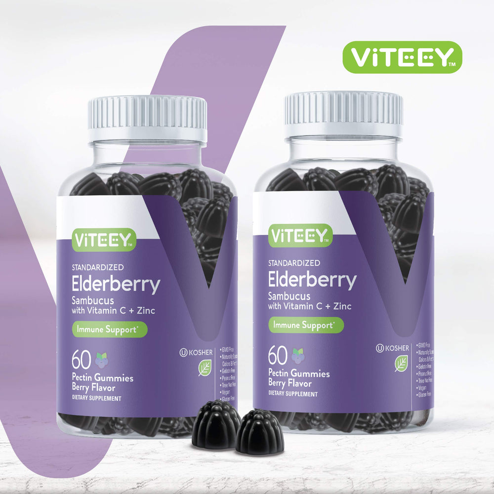 Viteey Sambucus Elderberry Gummies label close-up showing vegan and gluten-free ingredients