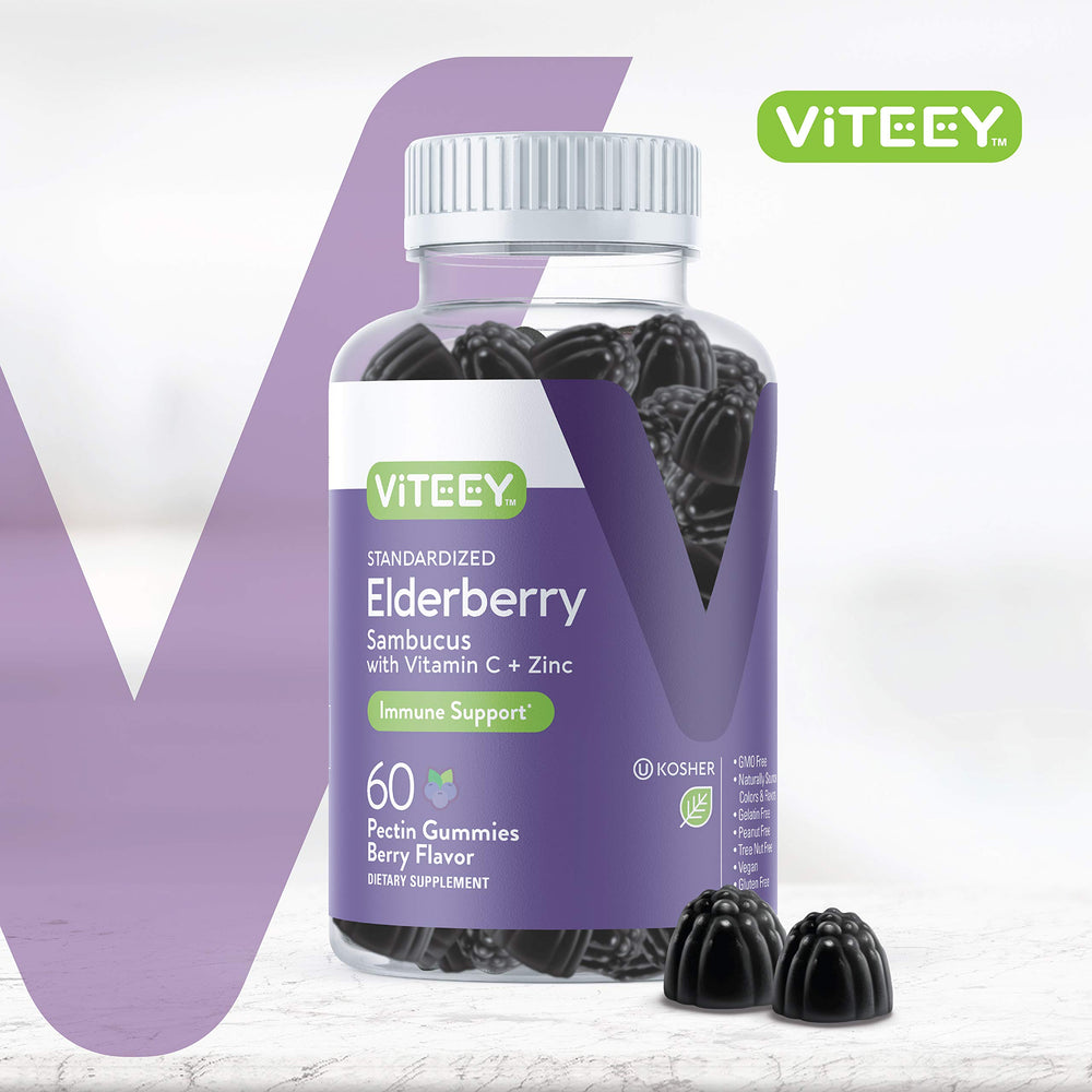 Viteey Sambucus Elderberry Gummies label closeup highlighting vitamin C and zinc.