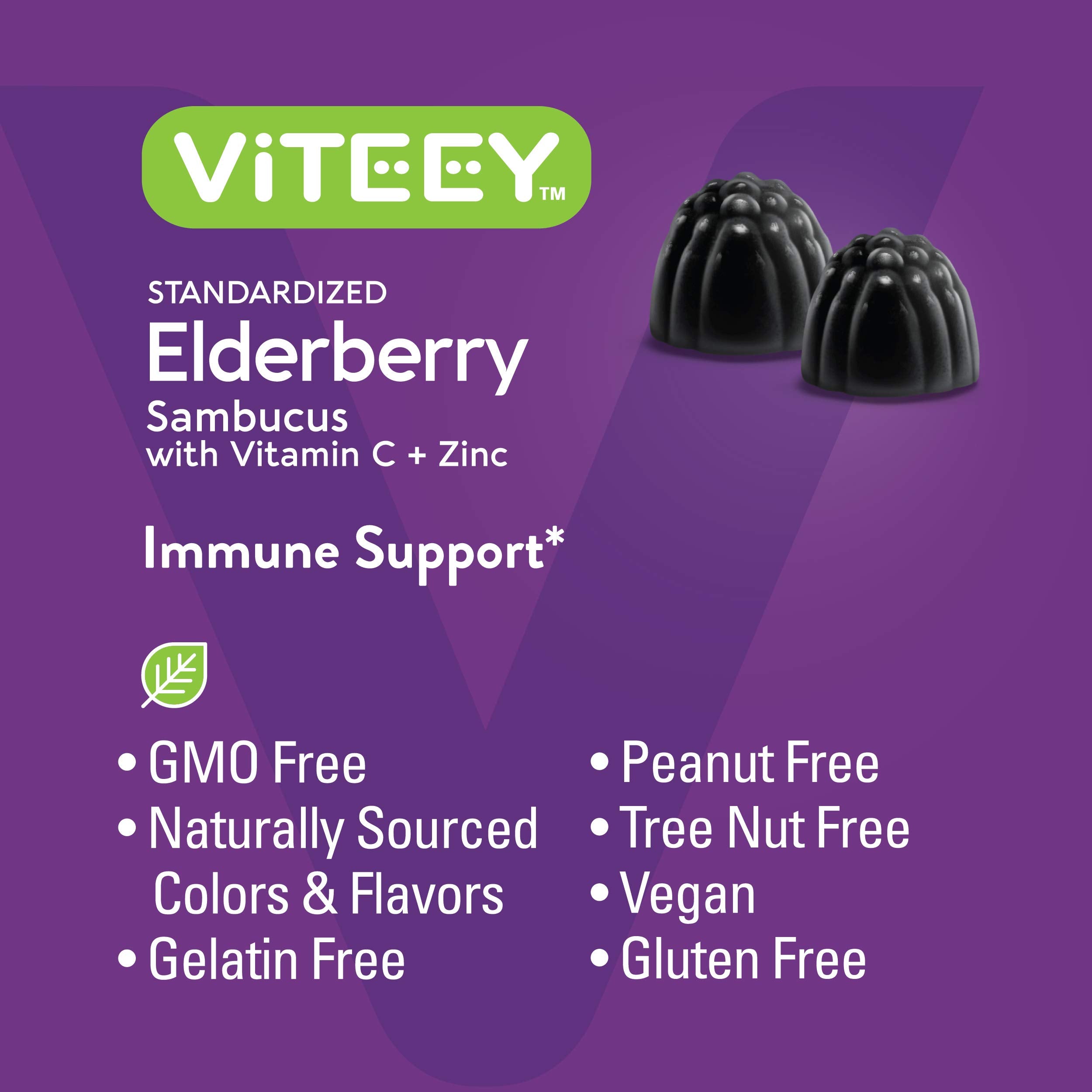 Viteey Sambucus Elderberry Gummies vegan-glutenfree badge highlighted on packaging