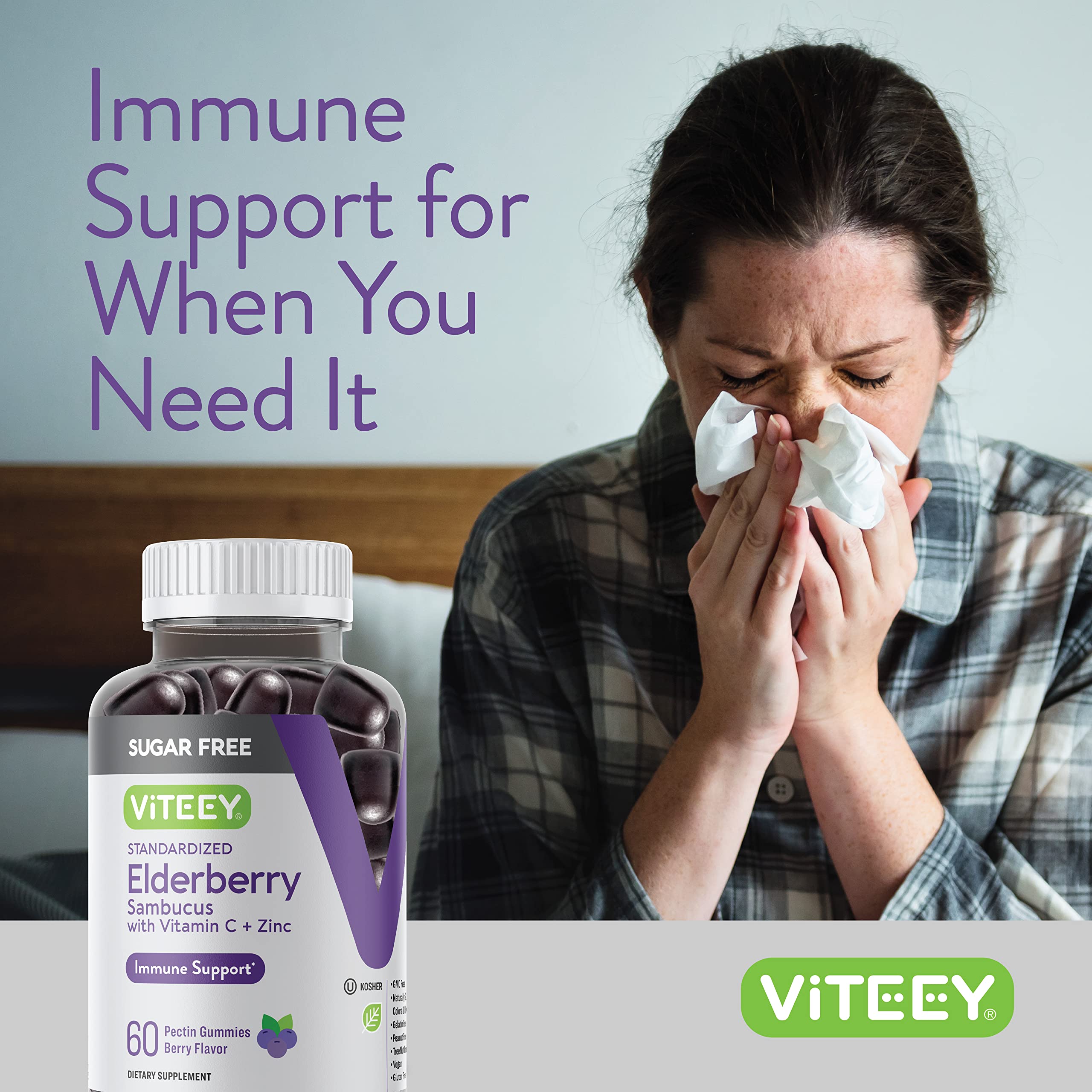 Viteey Sambucus gummies sugar-free formula shown.