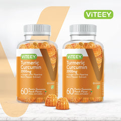 Close-up of peach gummies highlighting chewy texture and vibrant color.