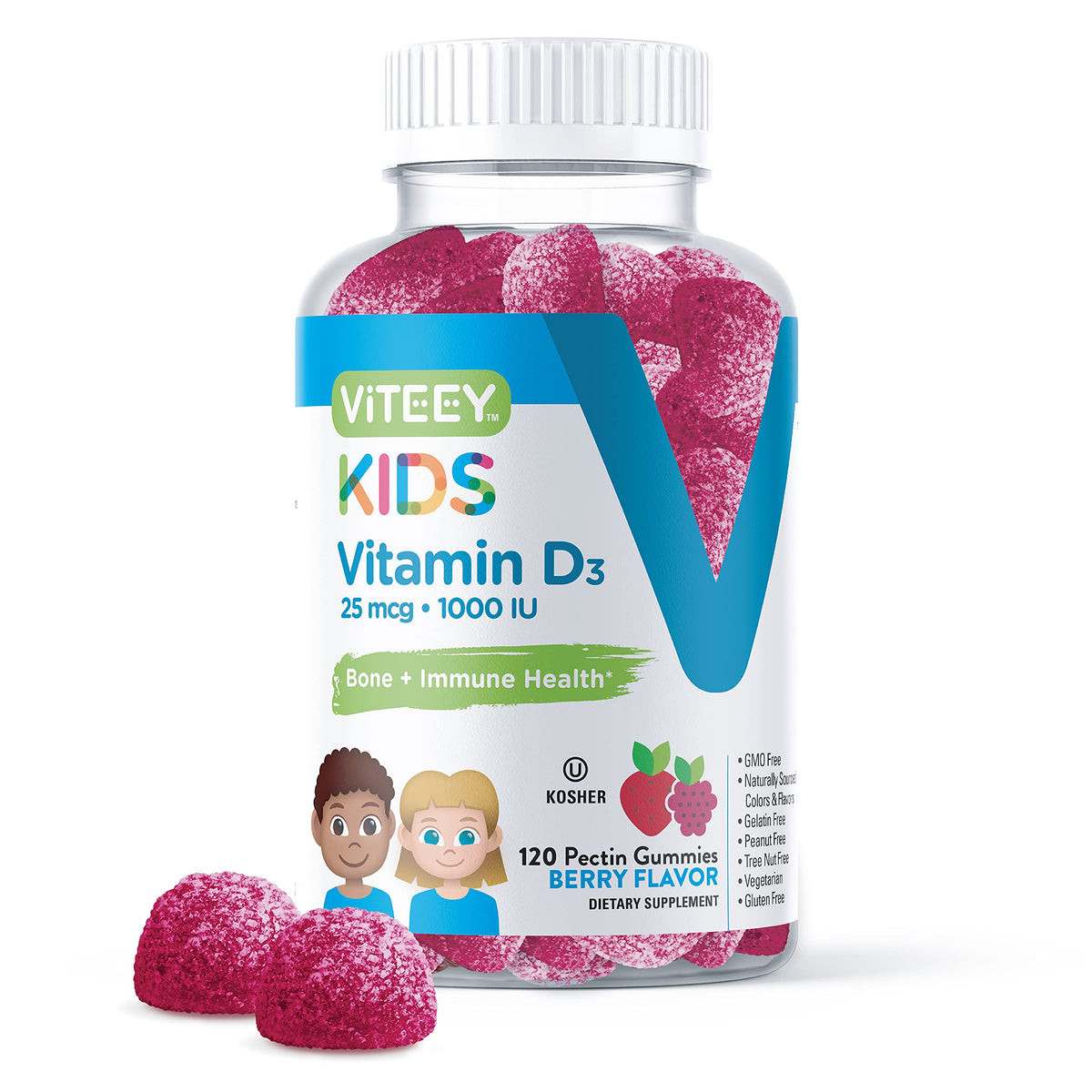 Viteey Vitamin D3 Kids Gummies berry bottle shows flavor and bone support for kids