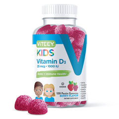 Viteey Vitamin D3 Kids Gummies berry bottle shows flavor and bone support for kids