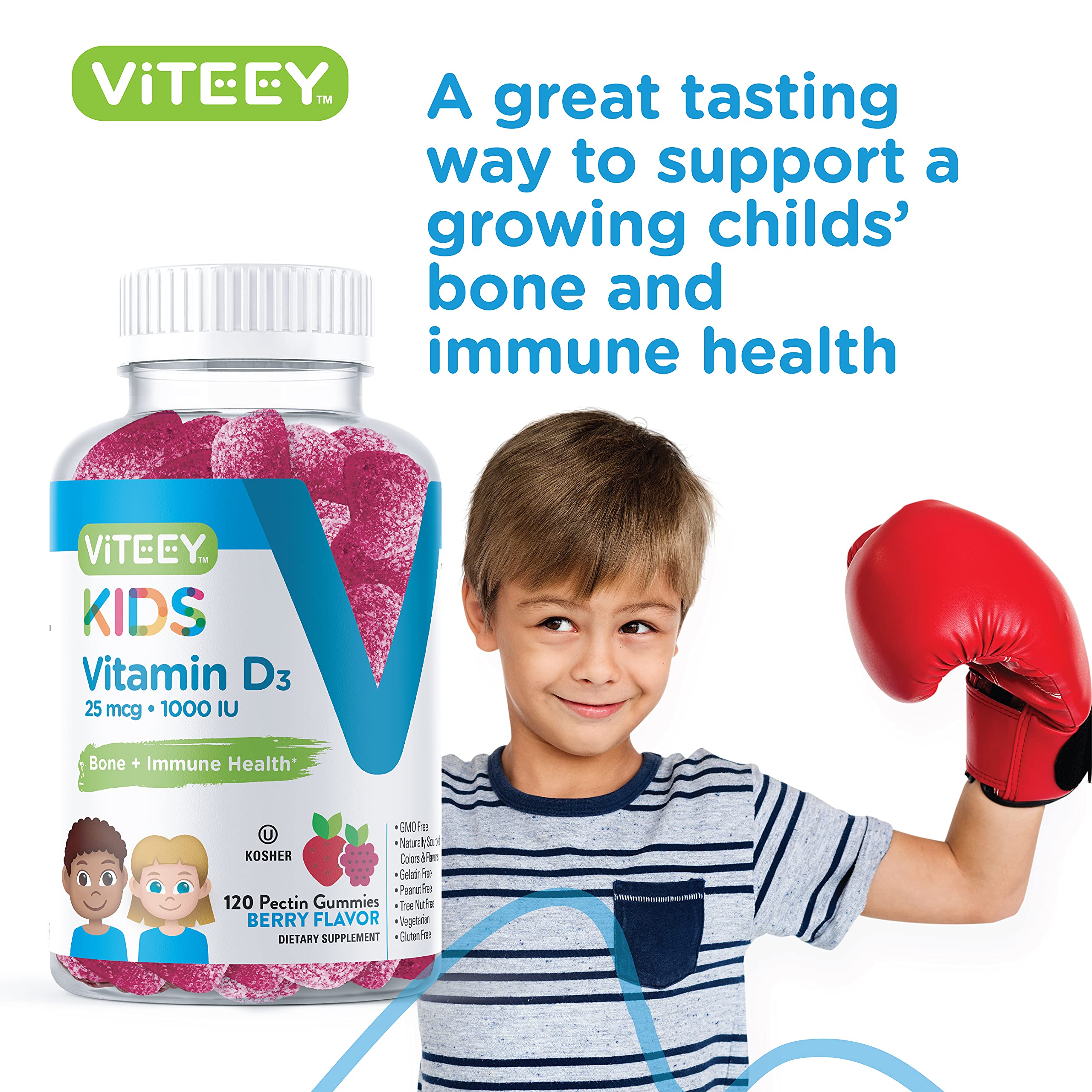 Viteey Vitamin D3 Kids Gummies berry health icons illustrate bone immunity and growth support
