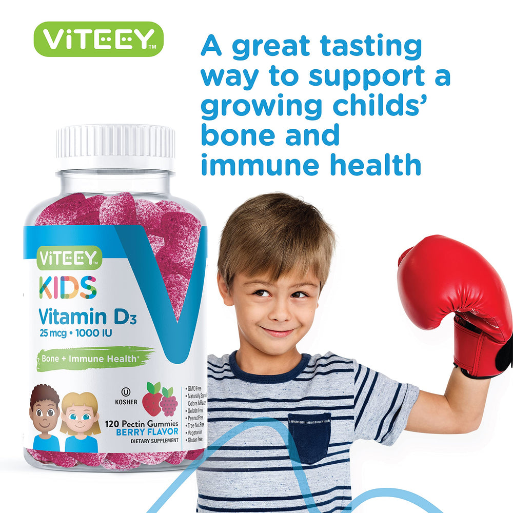 Viteey Vitamin D3 Kids Gummies berry health icons illustrate bone immunity and growth support