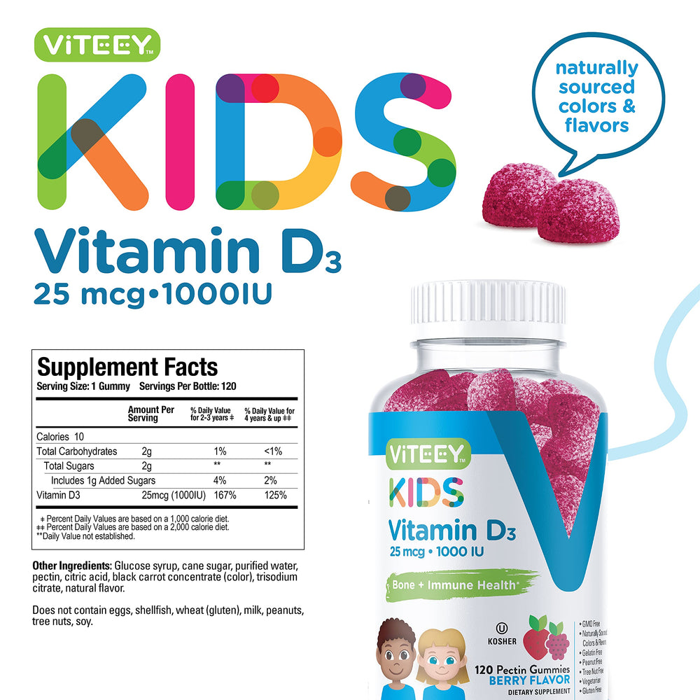 Viteey Vitamin D3 Kids Gummies berry nutrition label emphasizes quality and allergen-free benefits