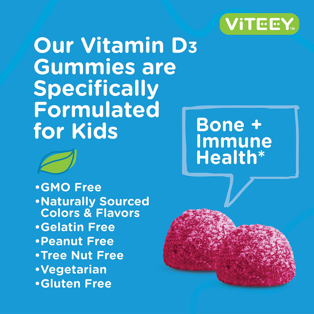 Viteey Vitamin D3 Kids Gummies berry packaging communicates kosher gluten-free and gelatin-free formulation