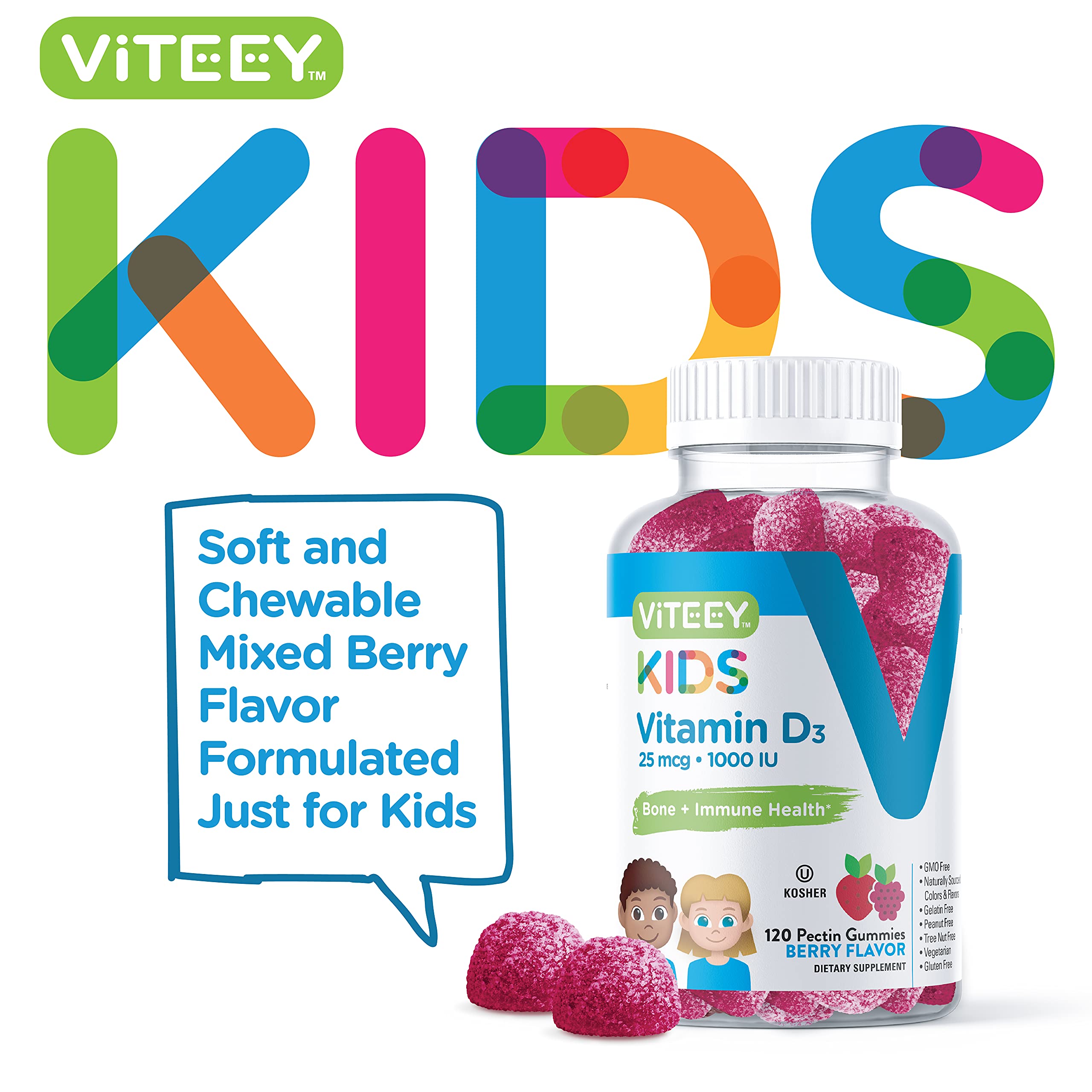 Viteey Vitamin D3 Kids Gummies berry pour demonstrates easy daily dose for immune support