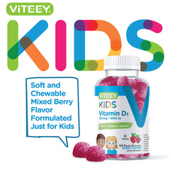 Viteey Vitamin D3 Kids Gummies berry pour demonstrates easy daily dose for immune support