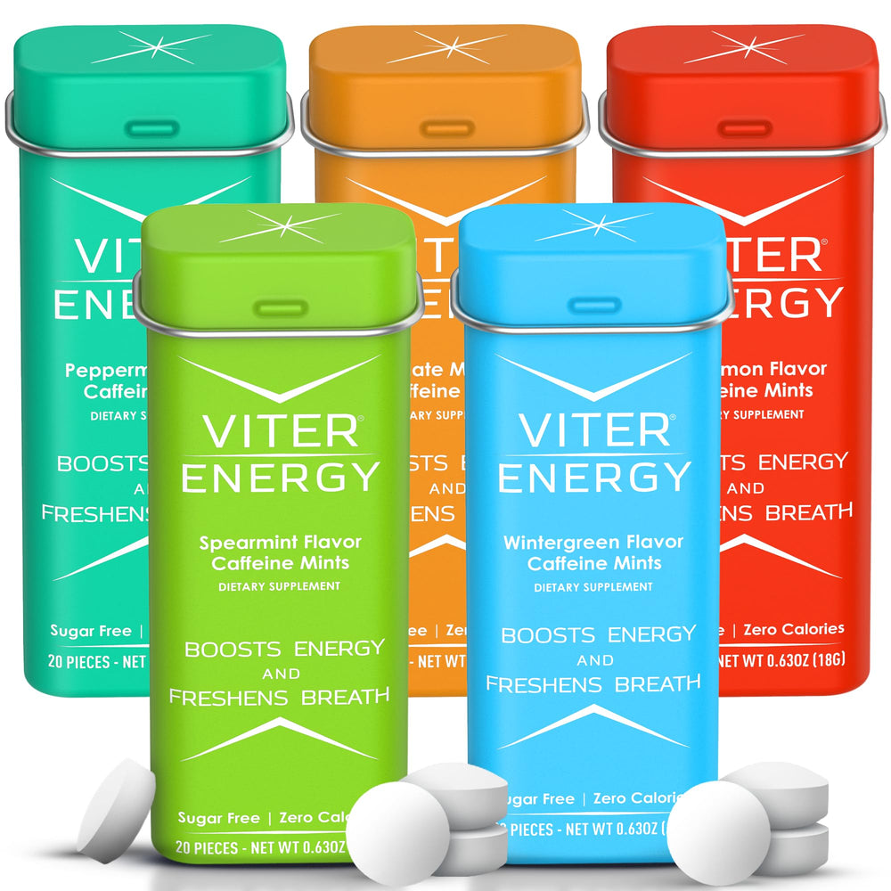 Viter Energy 40mg caffeine mints pack front with bold branding and energy promise