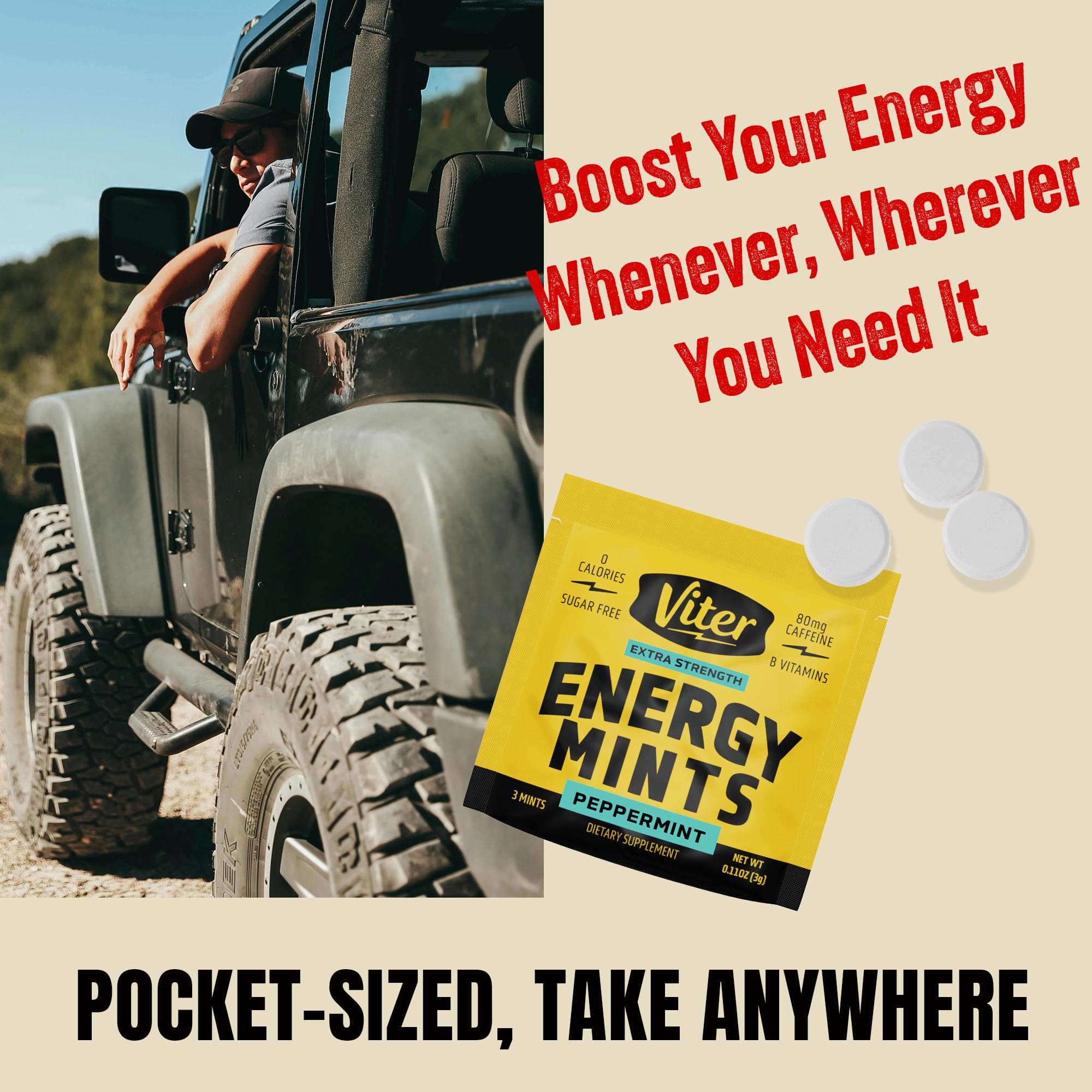 Viter Energy ingredients panel highlights caffeine, B vitamins, sugar-free formulation