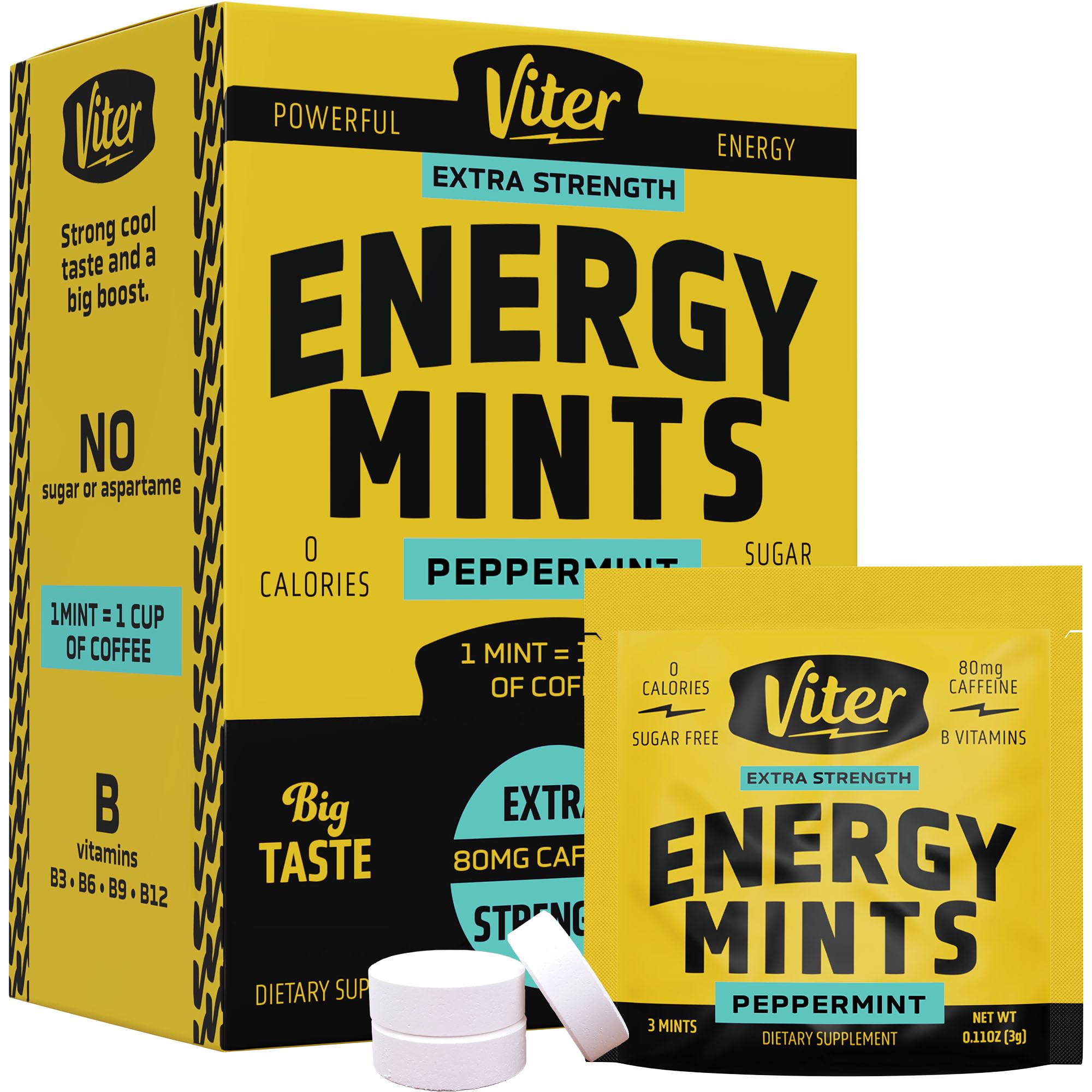 Viter Energy caffeine mints 80mg packaging front highlights potent boost and minty flavor