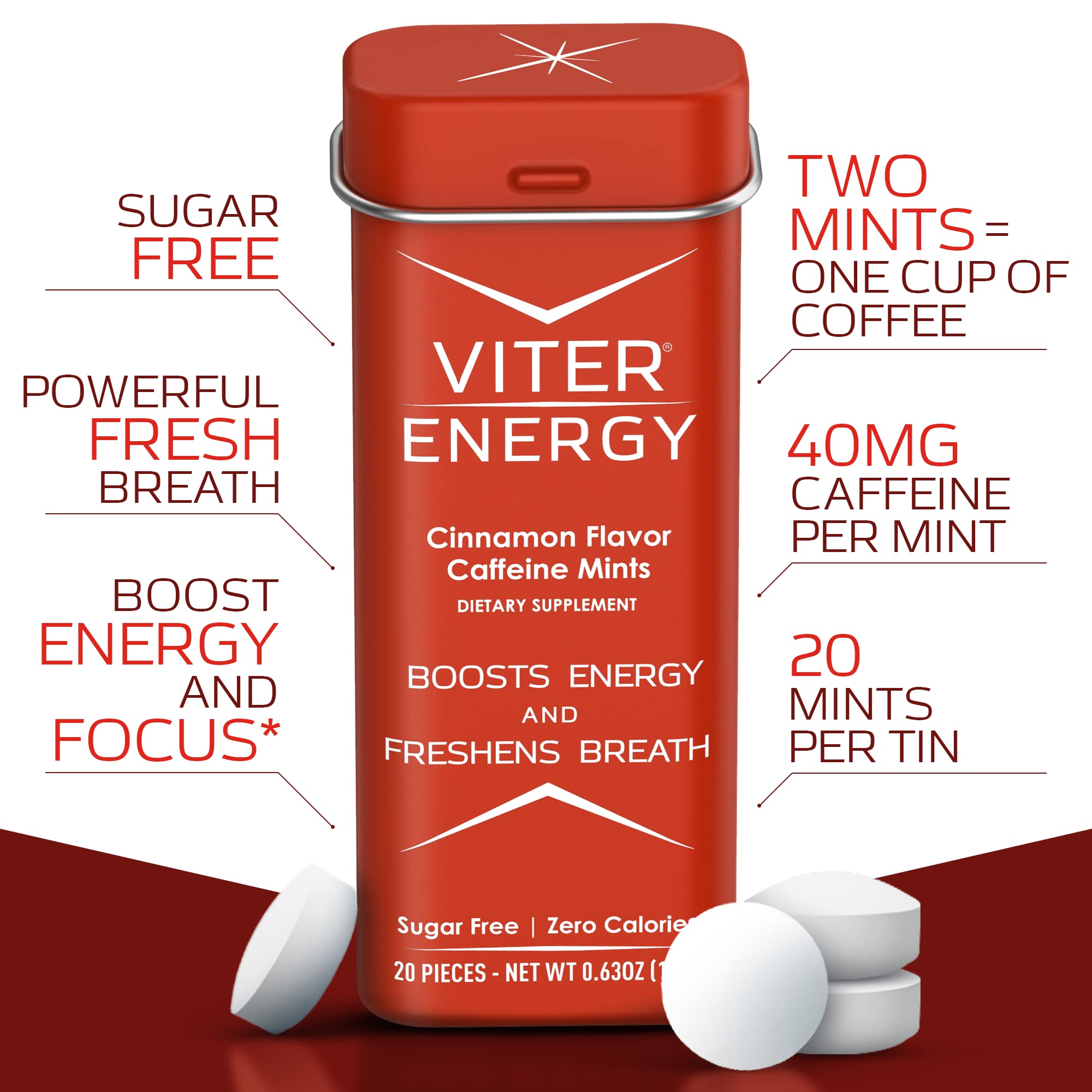 Viter Energy Cinnamon mint close-up tablet showing quick caffeine lift for focus.