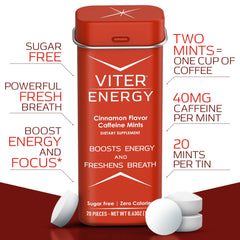 Viter Energy Cinnamon mint close-up tablet showing quick caffeine lift for focus.
