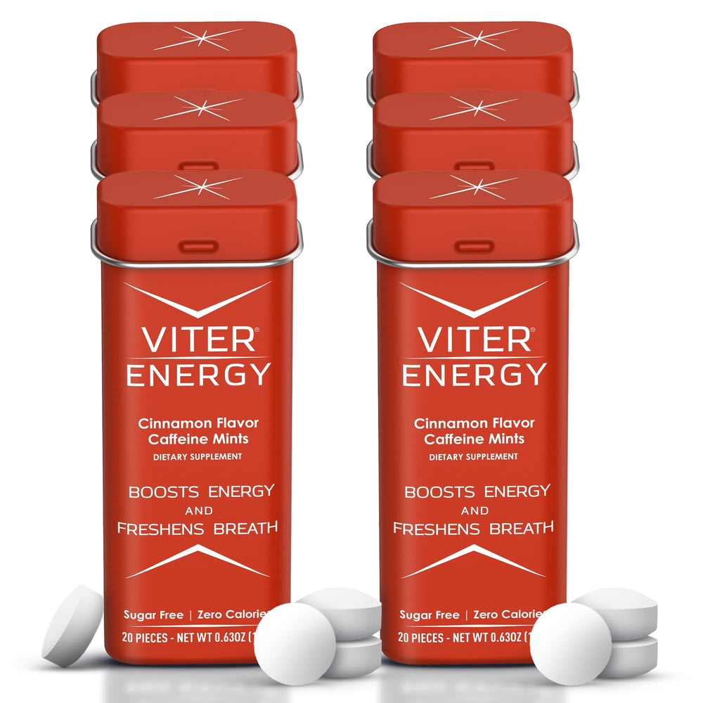Viter Energy Caffeine Mints Cinnamon tin close-up showing portable energy boost and fresh breath.