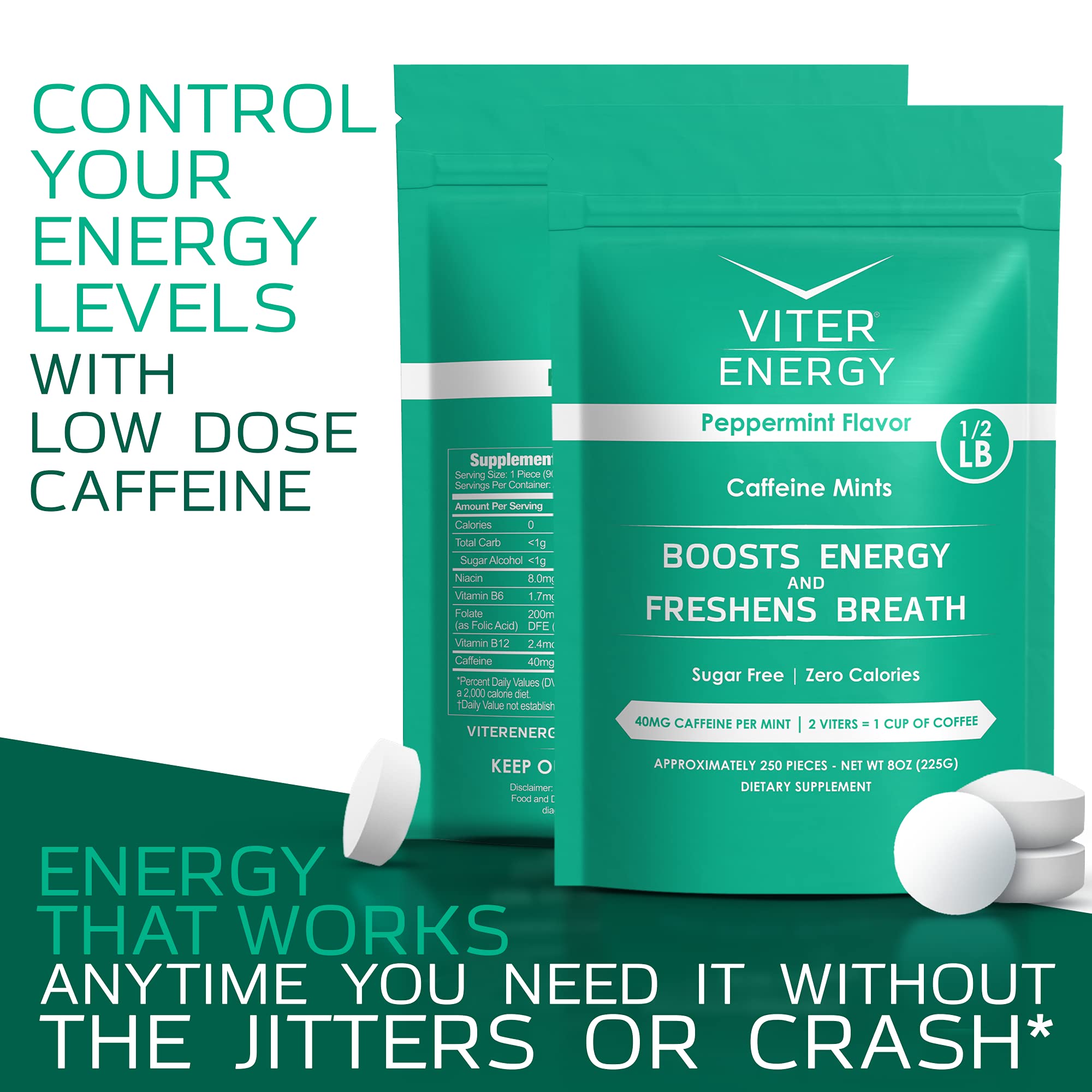 Viter Energy mints label notes 40 mg caffeine per mint for focus