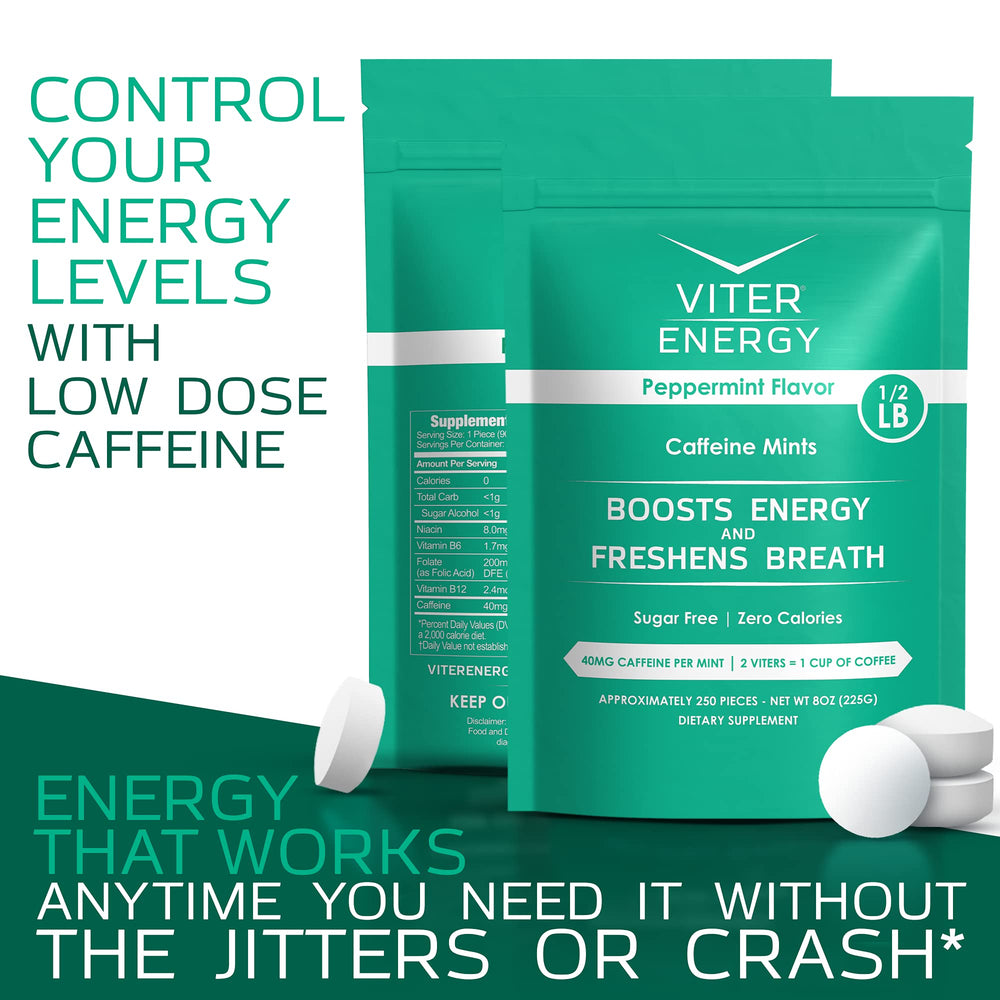 Viter Energy mints label notes 40 mg caffeine per mint for focus