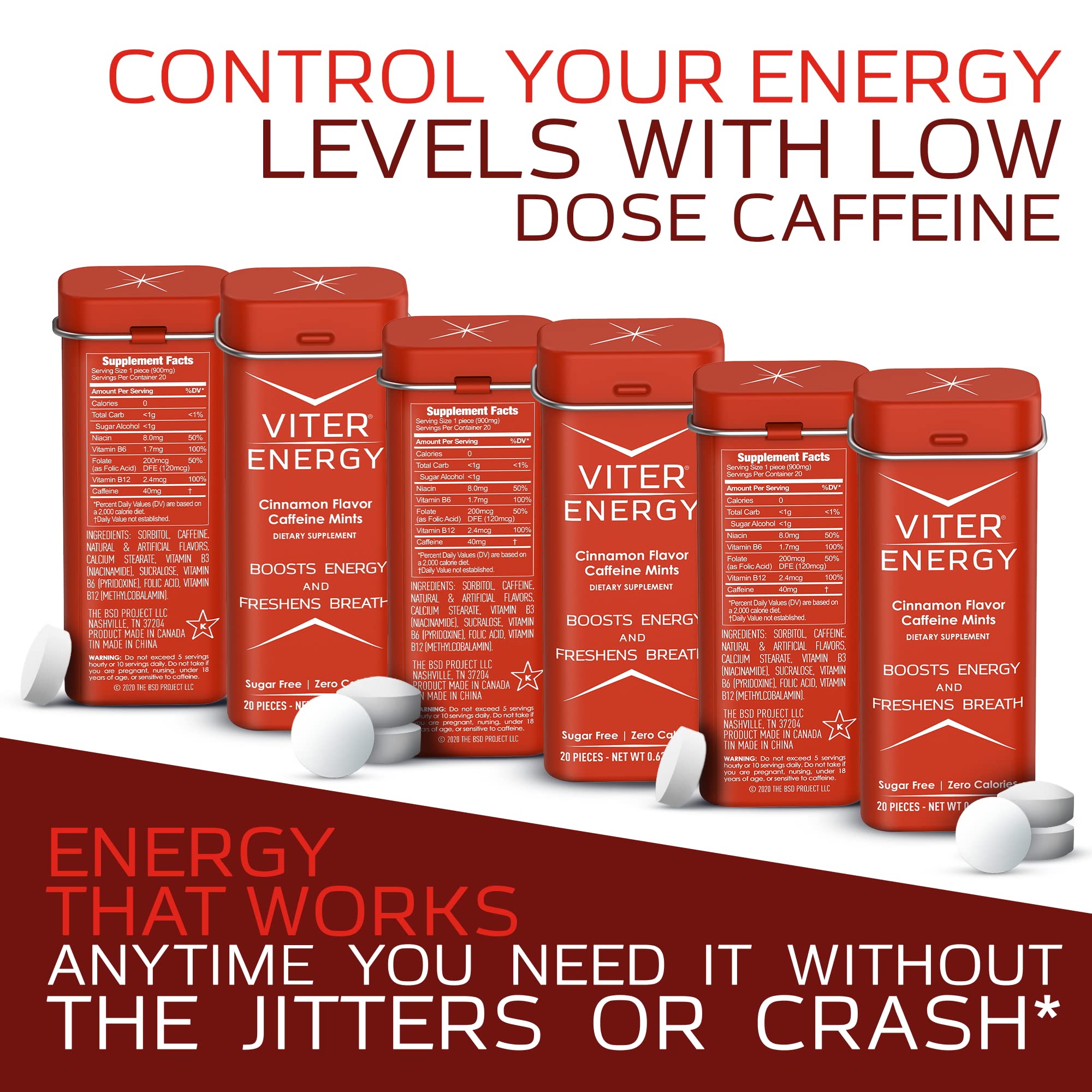 Viter Energy cinnamon mint tin with 20 mints advertised as fast-acting caffeine aid.
