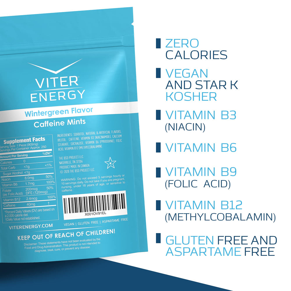 Viter Energy mints glass bottle display emphasizes vegan and sugar-free benefits.