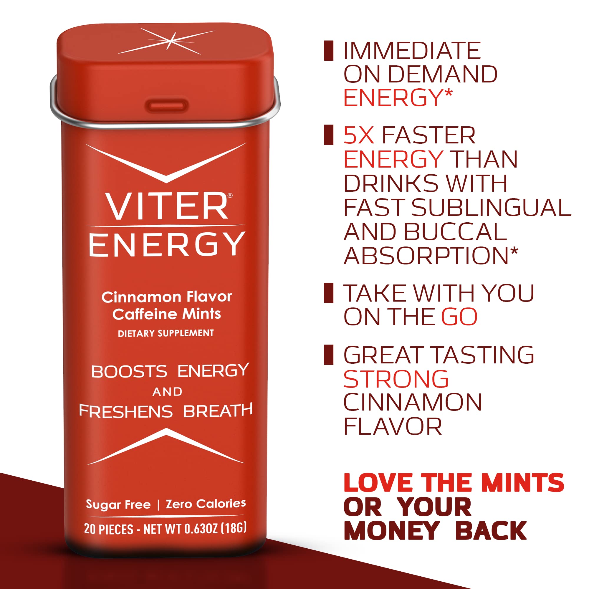 Viter Energy mints packaging close-up highlights sugar-free, vegan formula with B vitamins.
