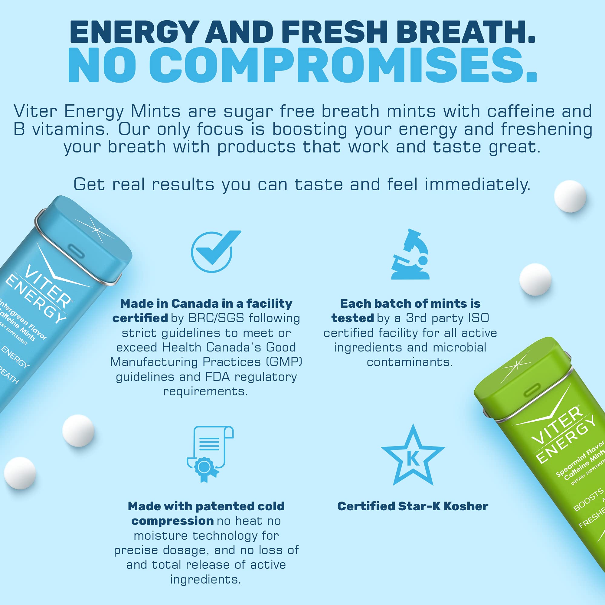 Viter Energy vegan, sugar-free, gluten-free mint packaging details
