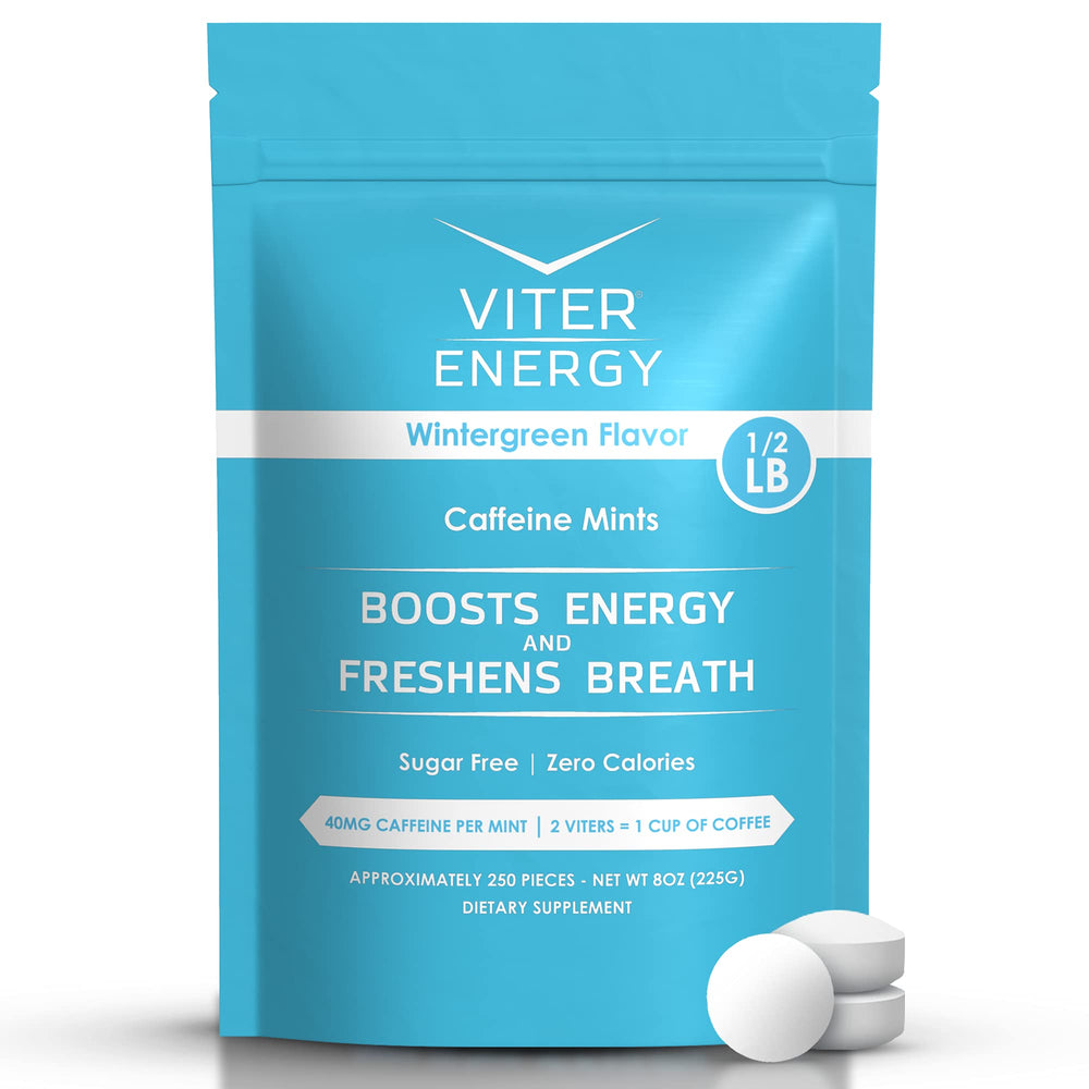 Viter Energy wintergreen mint bag closeup highlights bold flavor and zero calories.