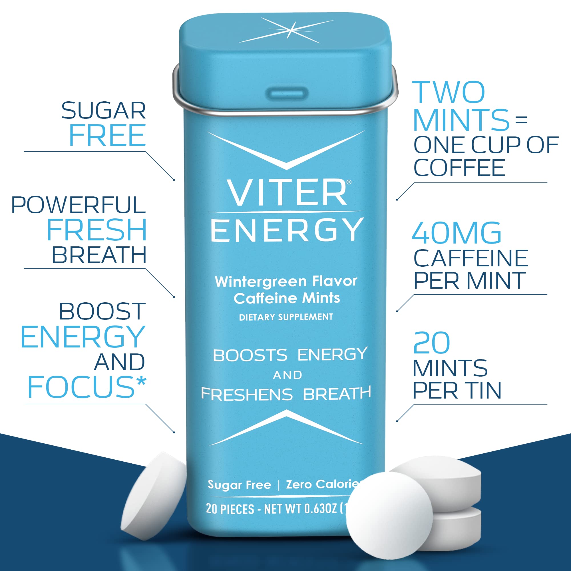 Close-up of Viter Energy wintergreen tin showing packaging and minty texture.