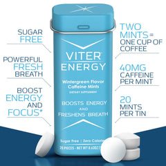 Close-up of Viter Energy wintergreen tin showing packaging and minty texture.