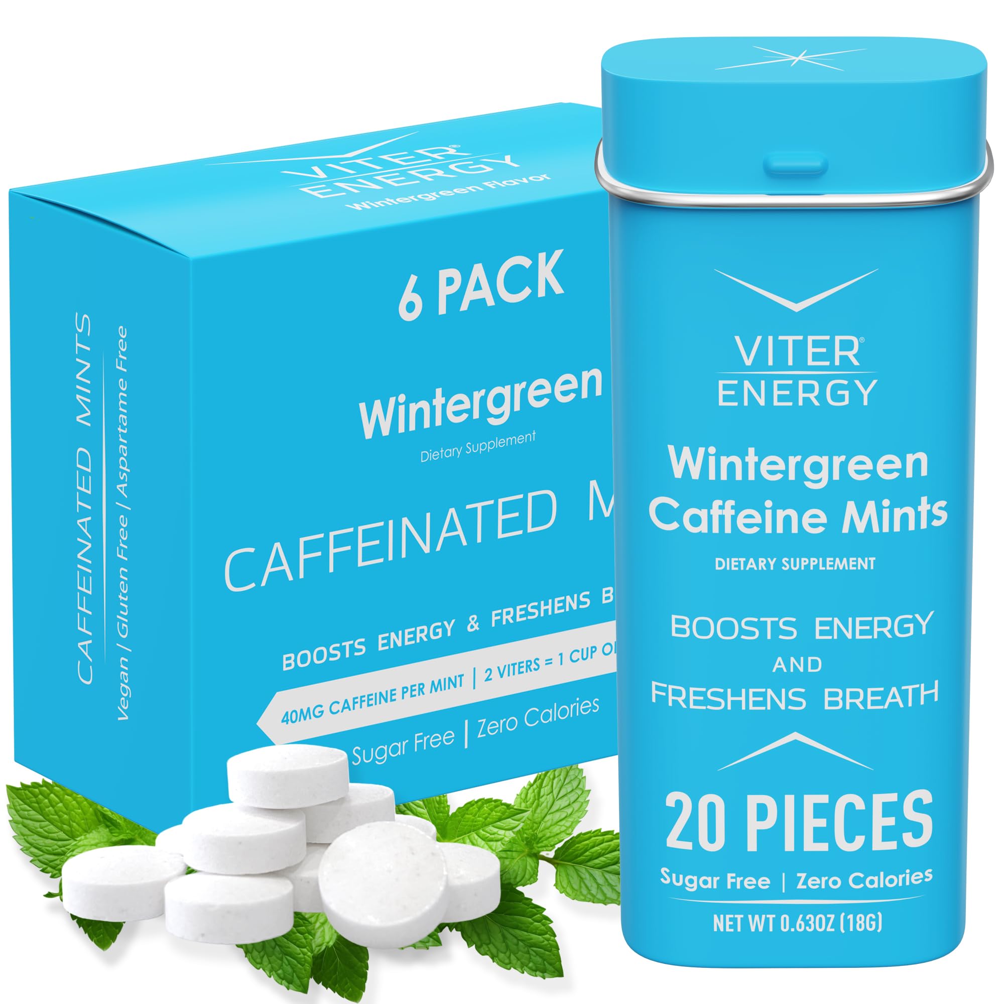 Viter Energy wintergreen mints in a tin, quick caffeine boost and fresh breath.