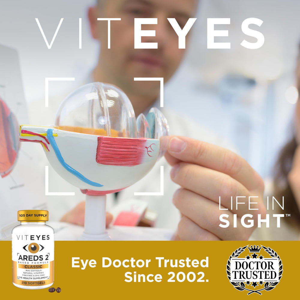 Close-up of Viteyes AREDS 2 label highlighting beta-carotene-free formula.