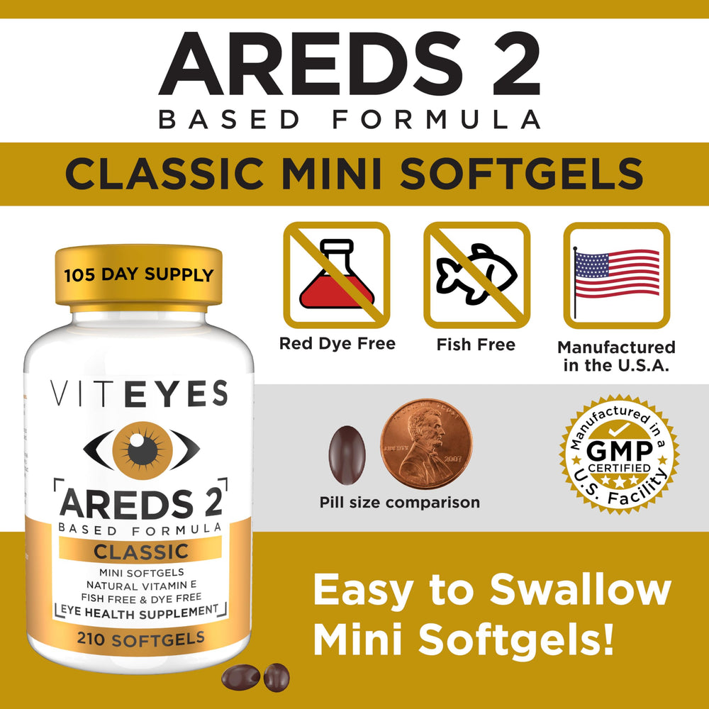 Pair of softgels from Viteyes AREDS 2 symbolize simple daily care.