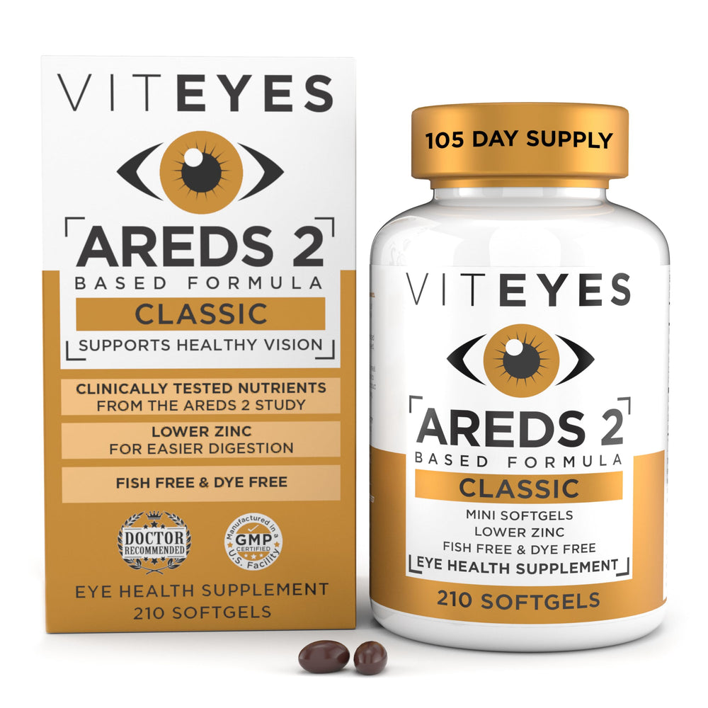 Viteyes AREDS 2 classic softgels close-up, easy-to-swallow eye health support.